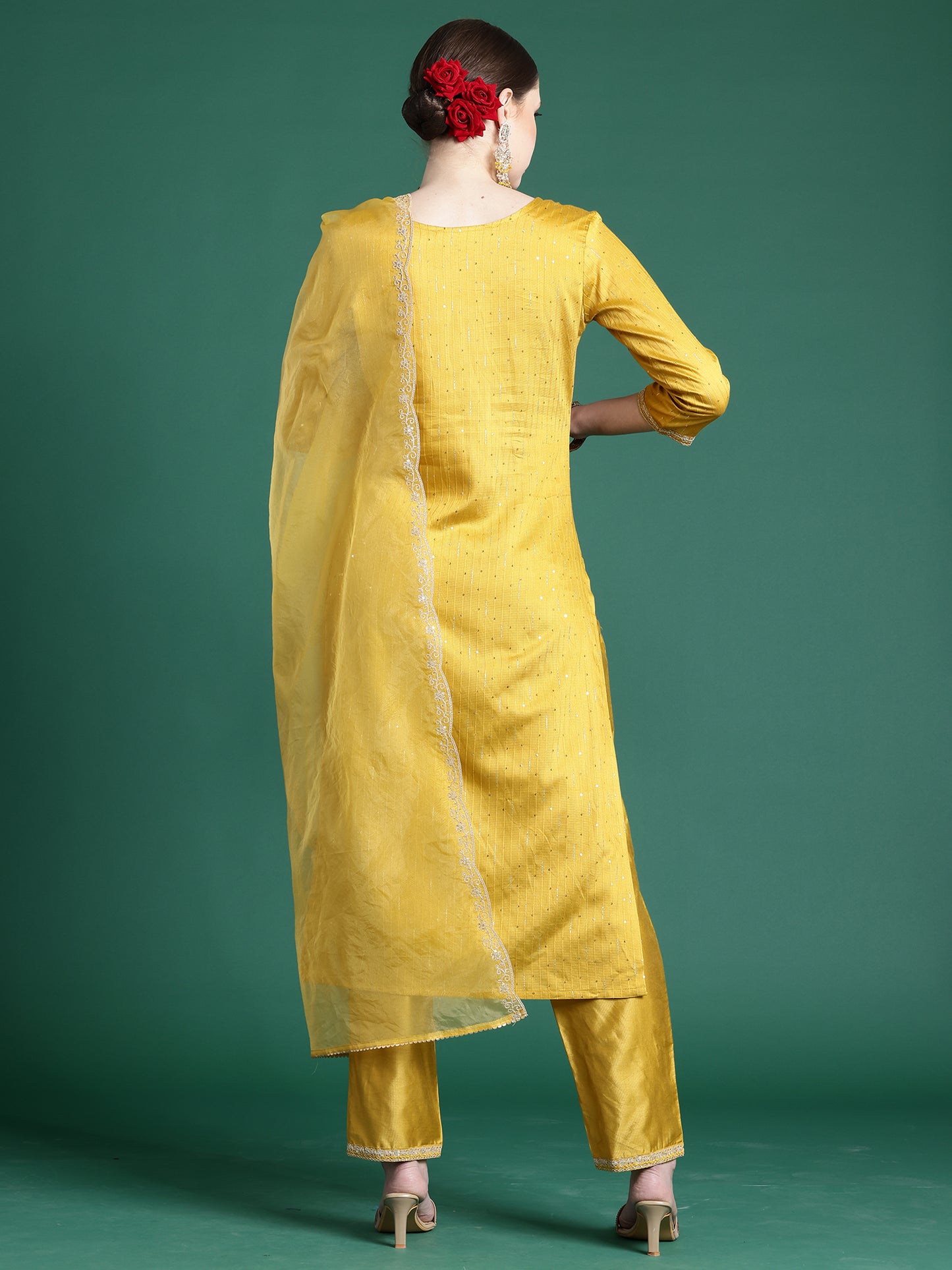 IE Yellow Embroidered Straight Kurta Trousers With Dupatta set