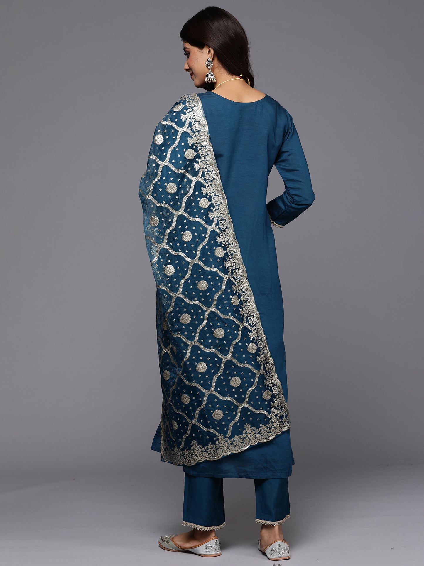 IE Blue Embroidered Straight Kurta Trousers With Dupatta Set