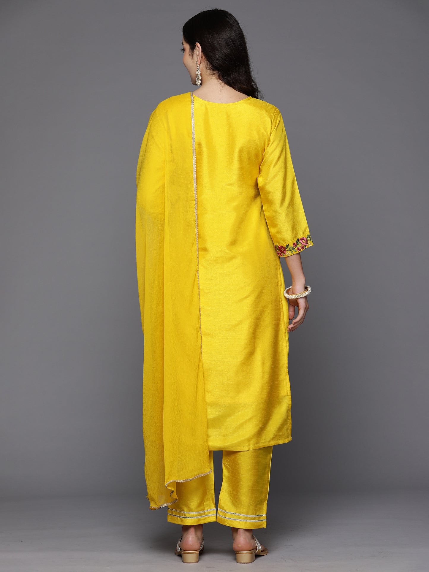 IE Yellow Embroidered Straight Kurta Trousers With Dupatta Set