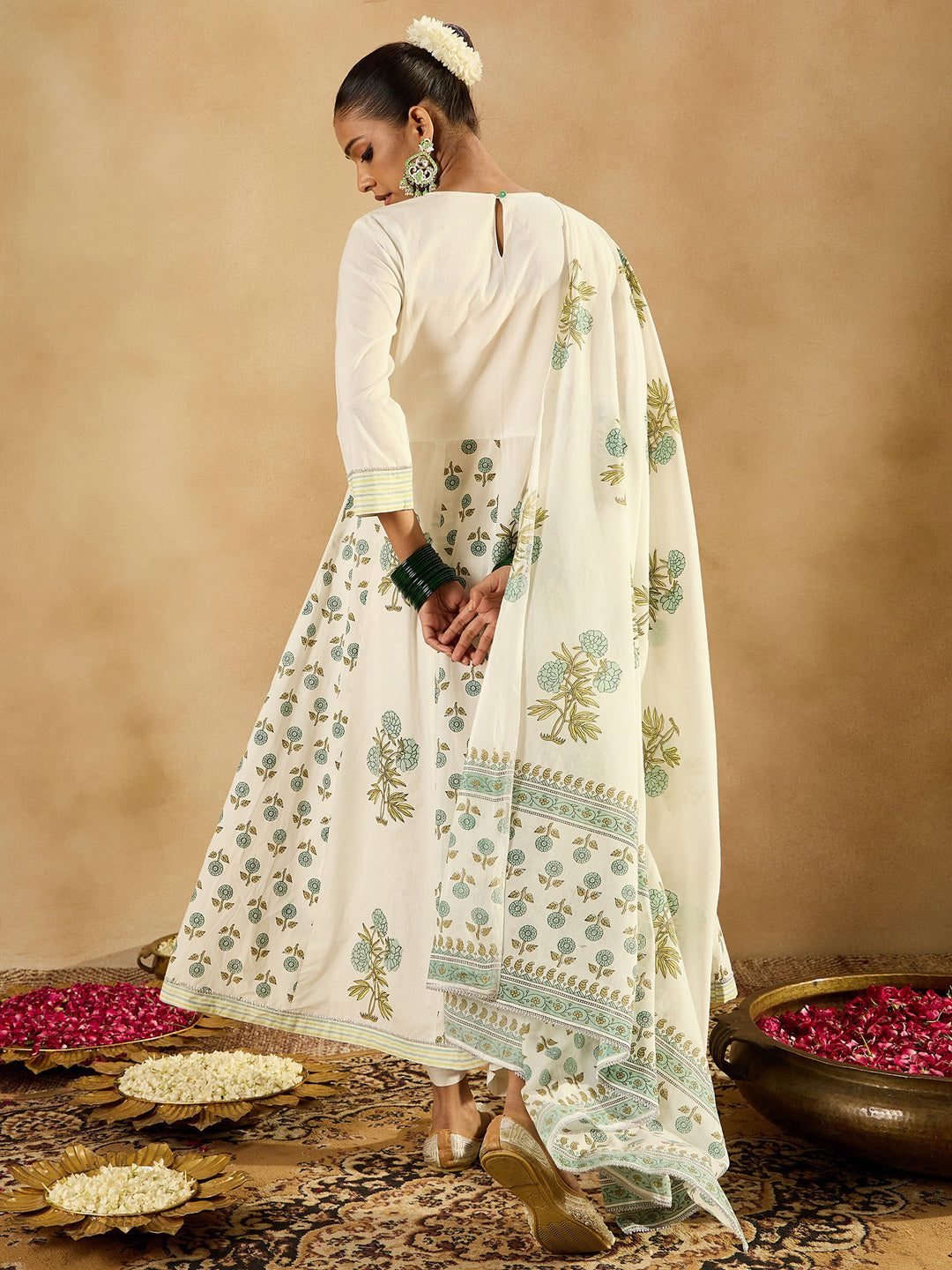 IE White Printed A-Line Kurta Trousers With Dupatta set