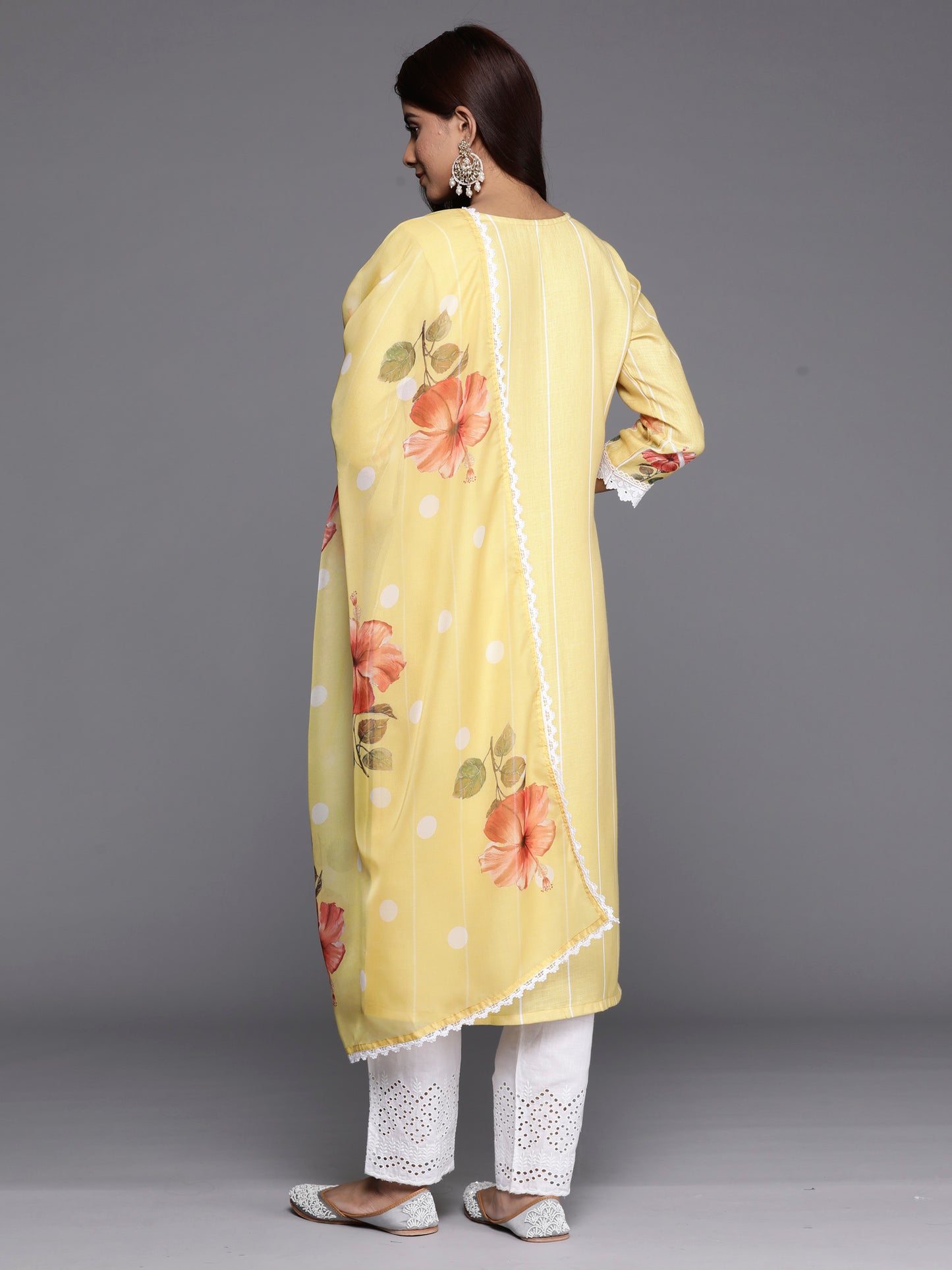 IE Yellow Printed Straight Kurta Trousers With Dupatta set