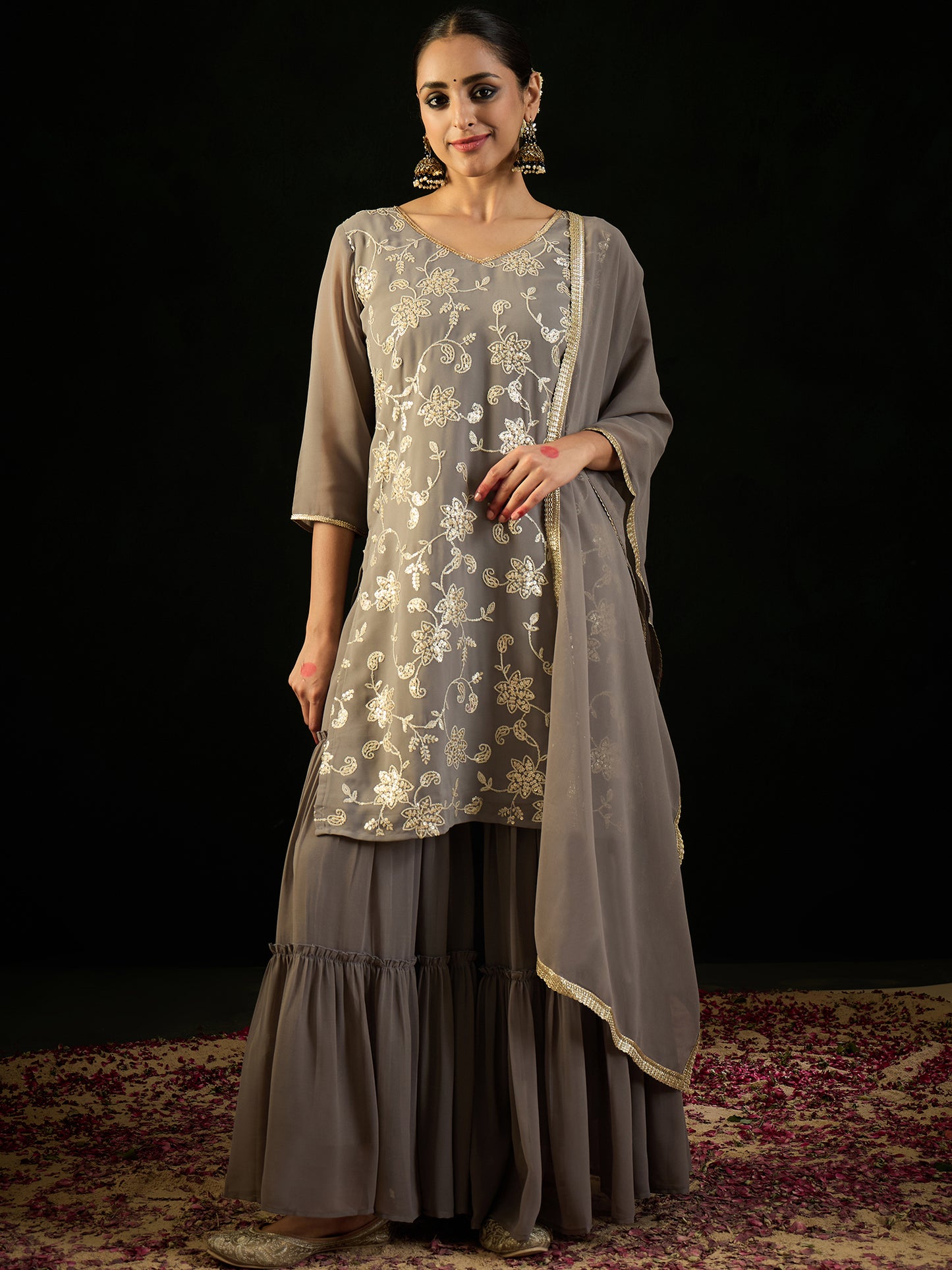 IE Grey Embroidered Straight Kurta Sharara With Dupatta set