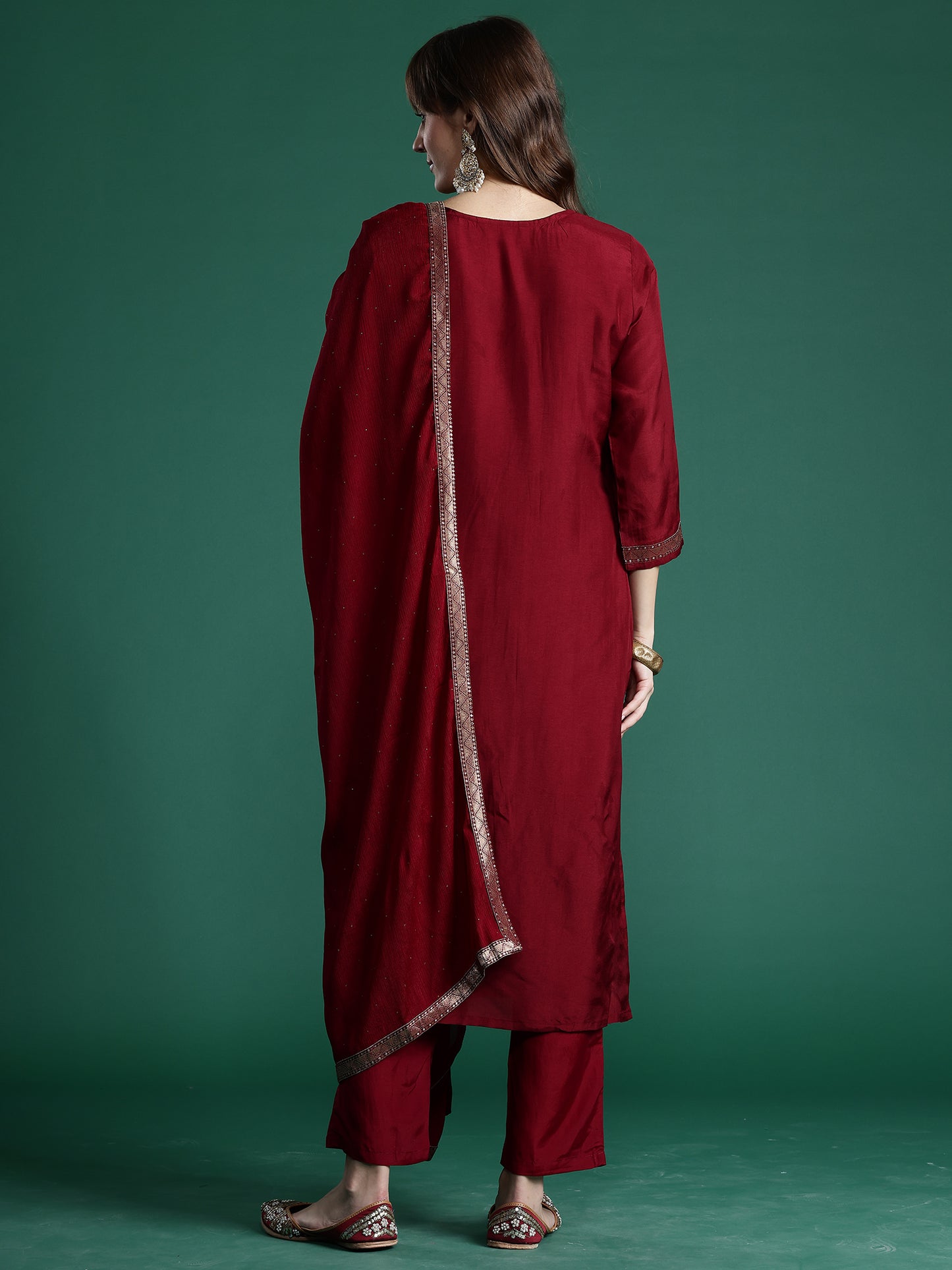 IE Maroon Embroidered Straight Kurta Trousers With Dupatta set