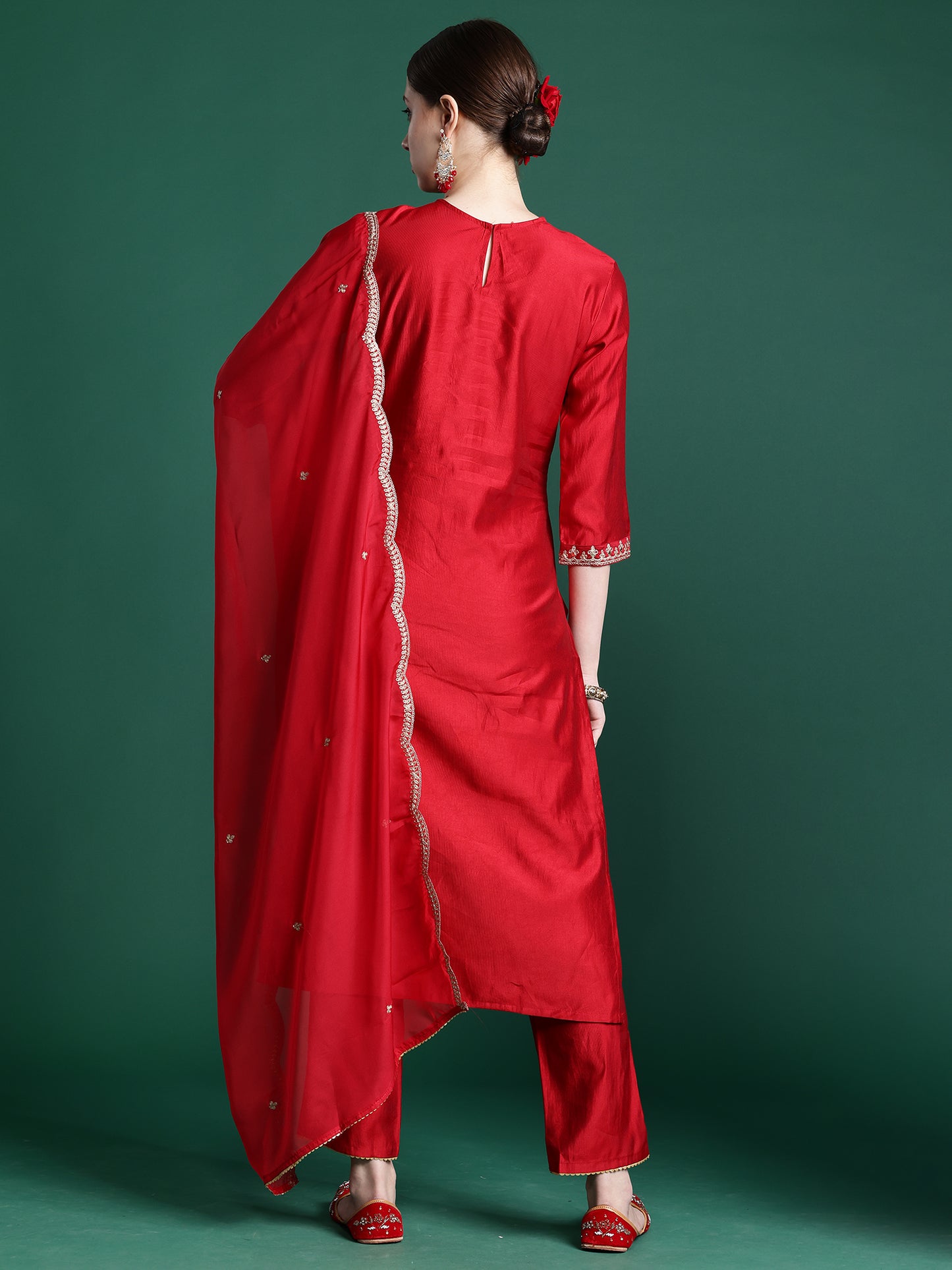 IE Red Embroidered Straight Kurta Trousers With Dupatta Set