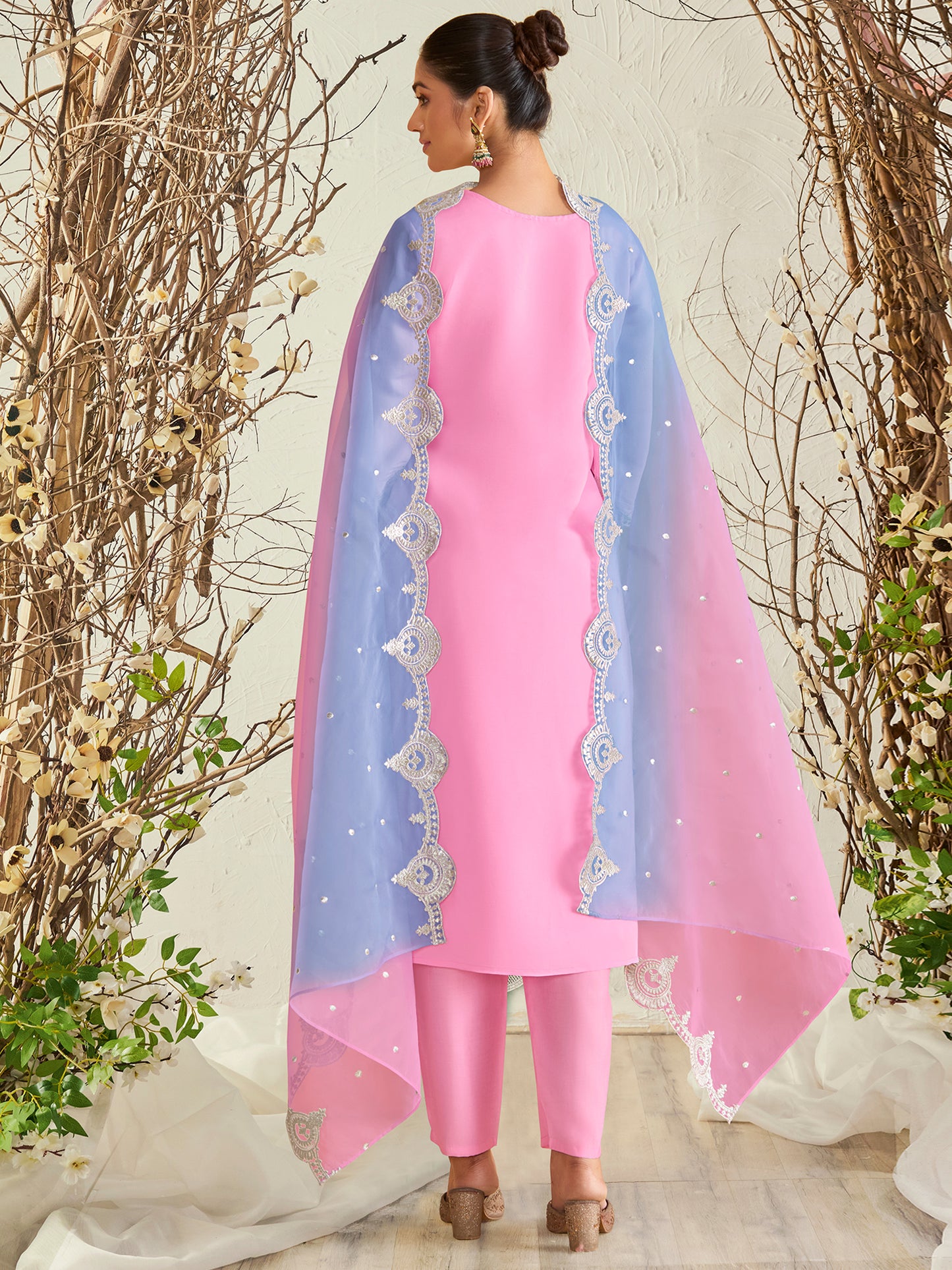 IE Pink Straight Embroidered Kurta Trousers With Dupatta Set