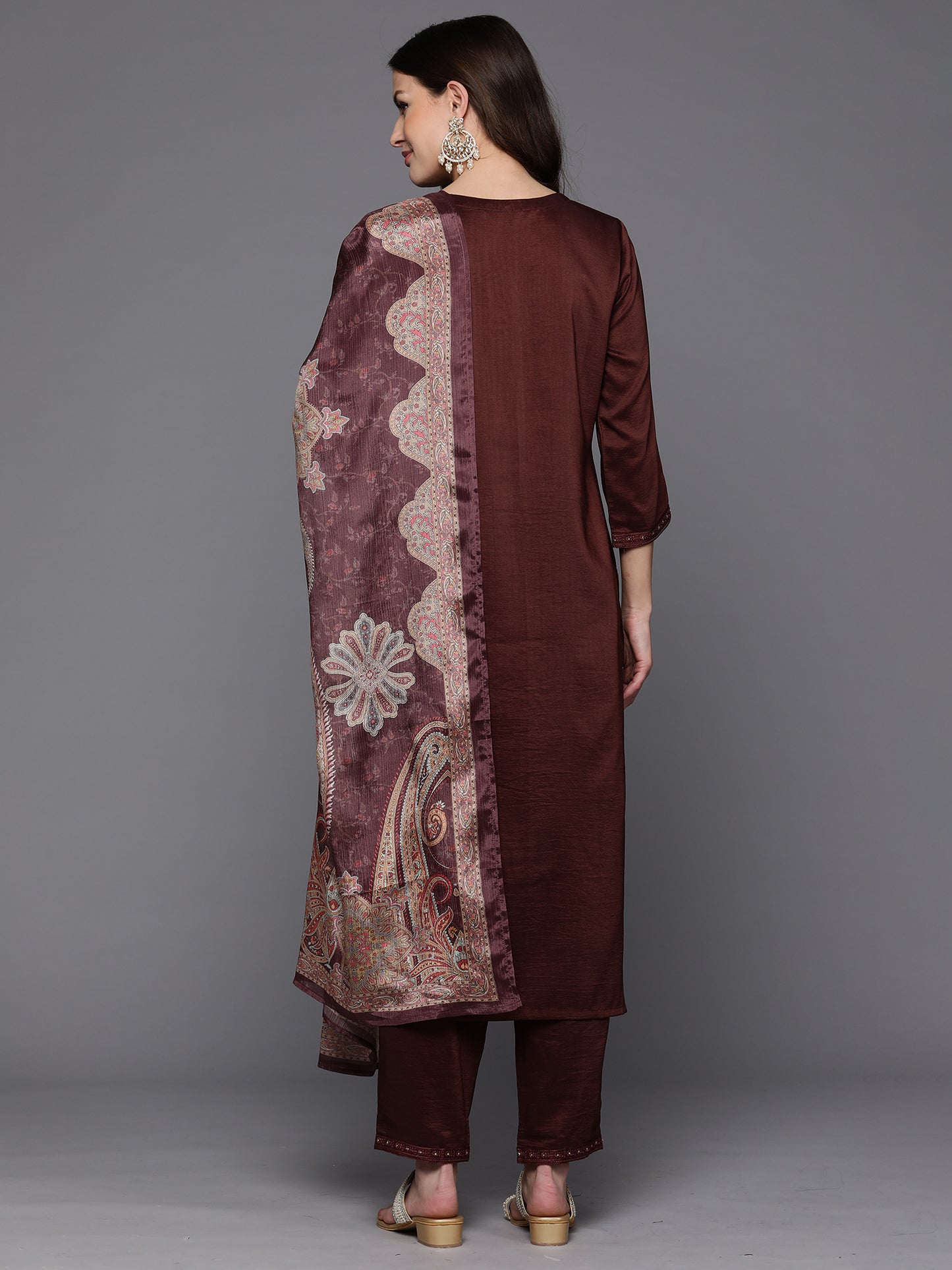 IE Burgundy Embroidered Straight Kurta Trousers With Dupatta set