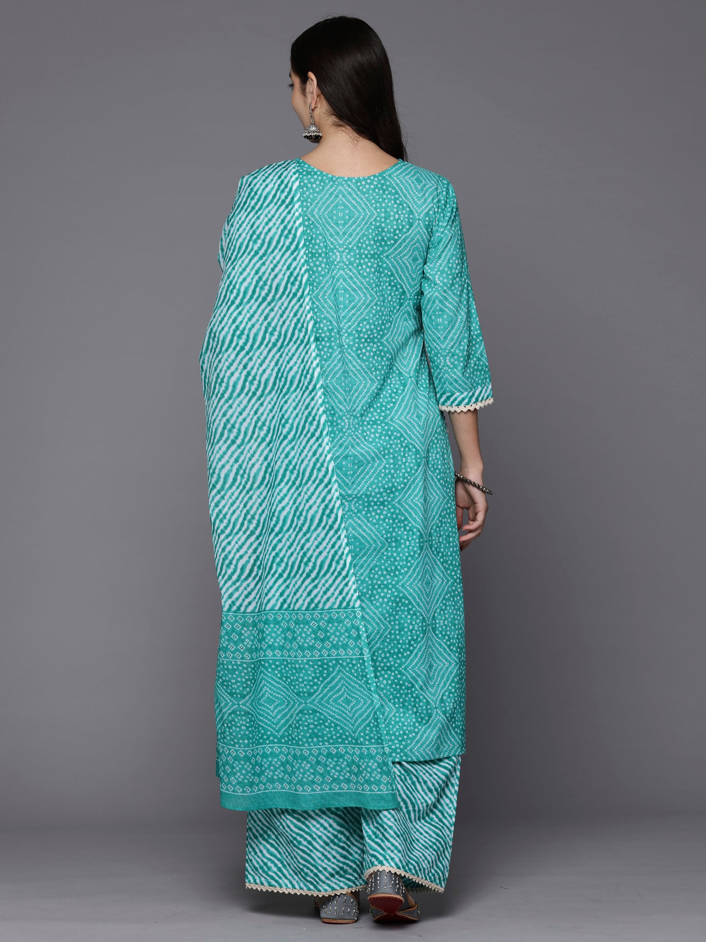 IE Blue Printed Straight Kurta Palazzos With Dupatta Set