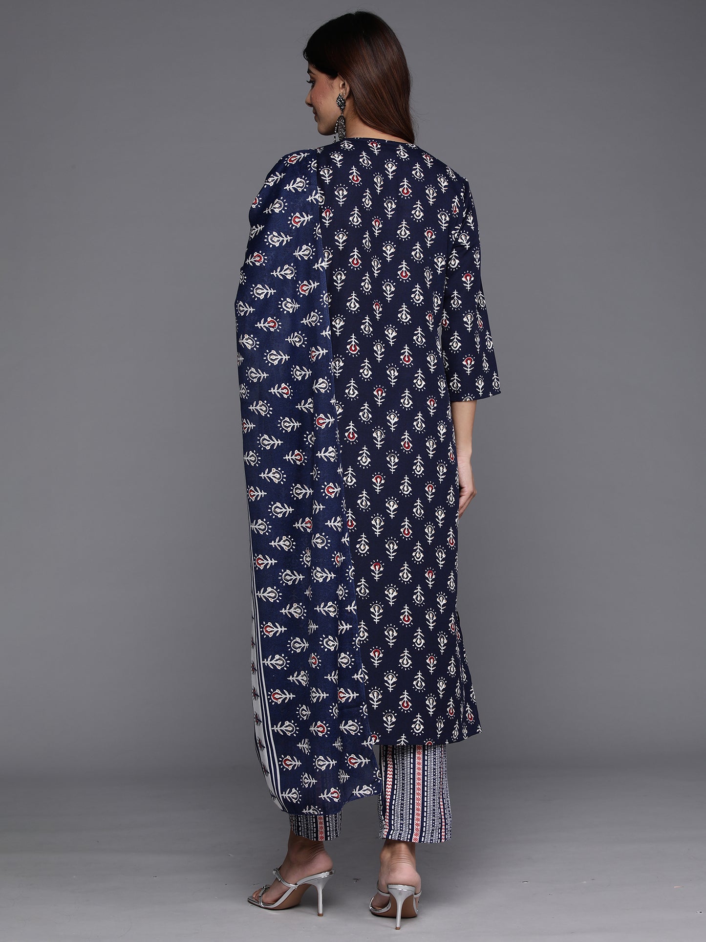 IE Navy Blue Printed Straight Kurta Trousers With Dupatta Set