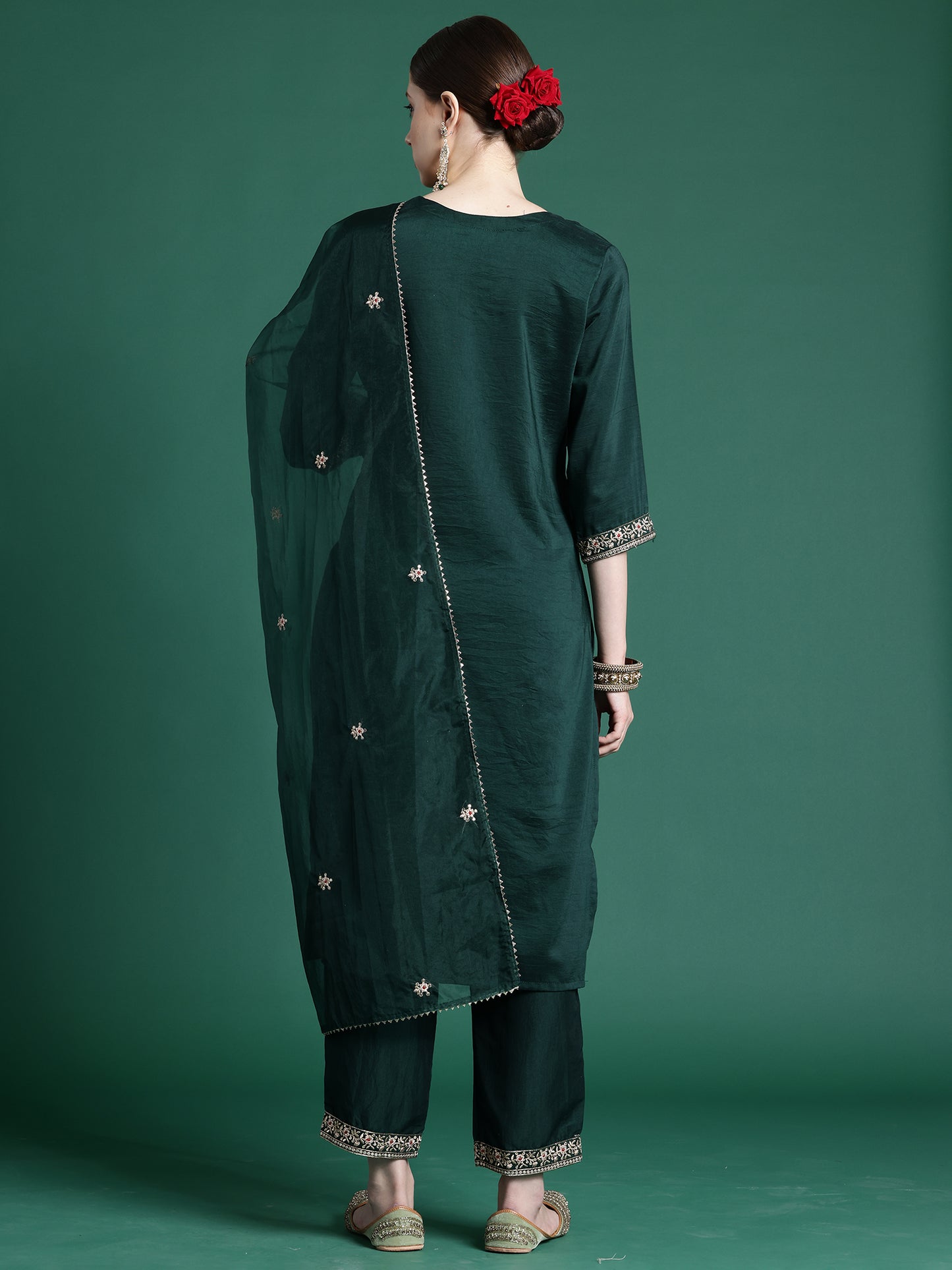 IE Green Embroidered Straight Kurta Trousers With Dupatta set