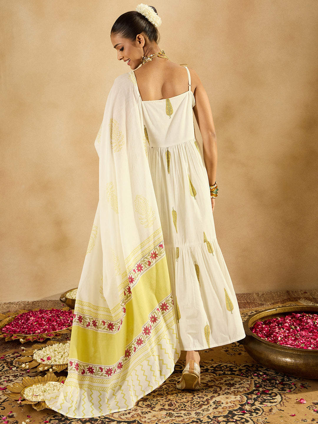 IE White Printed A-Line Kurta Trousers With Dupatta set