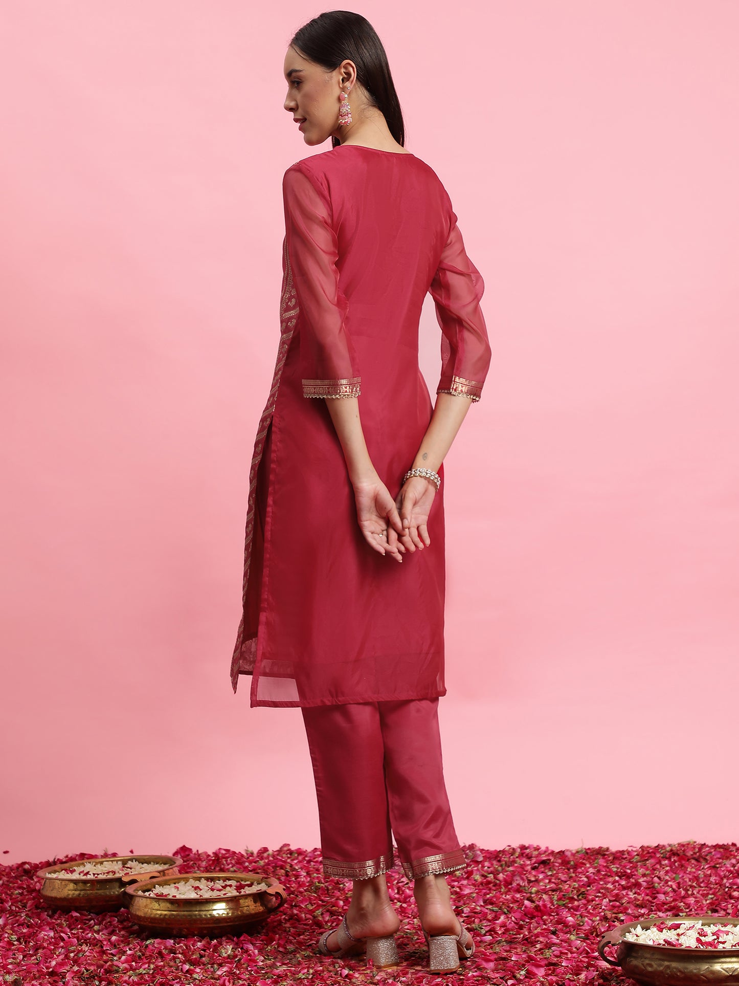 IE Pink Woven Design Straight Kurta Trousers With Dupatta Set