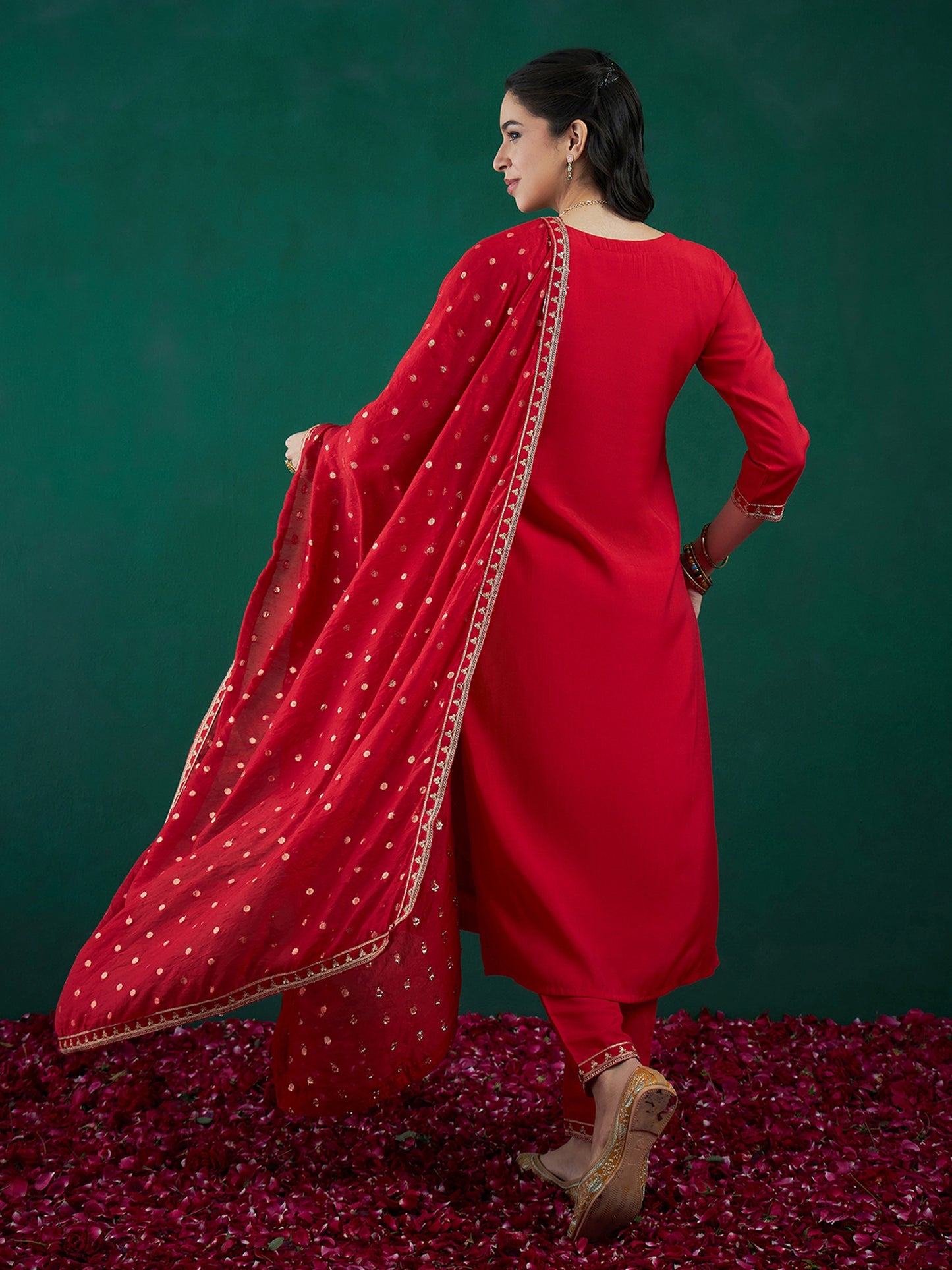 IE Red Embroidered Straight Kurta Trousers With Dupatta set