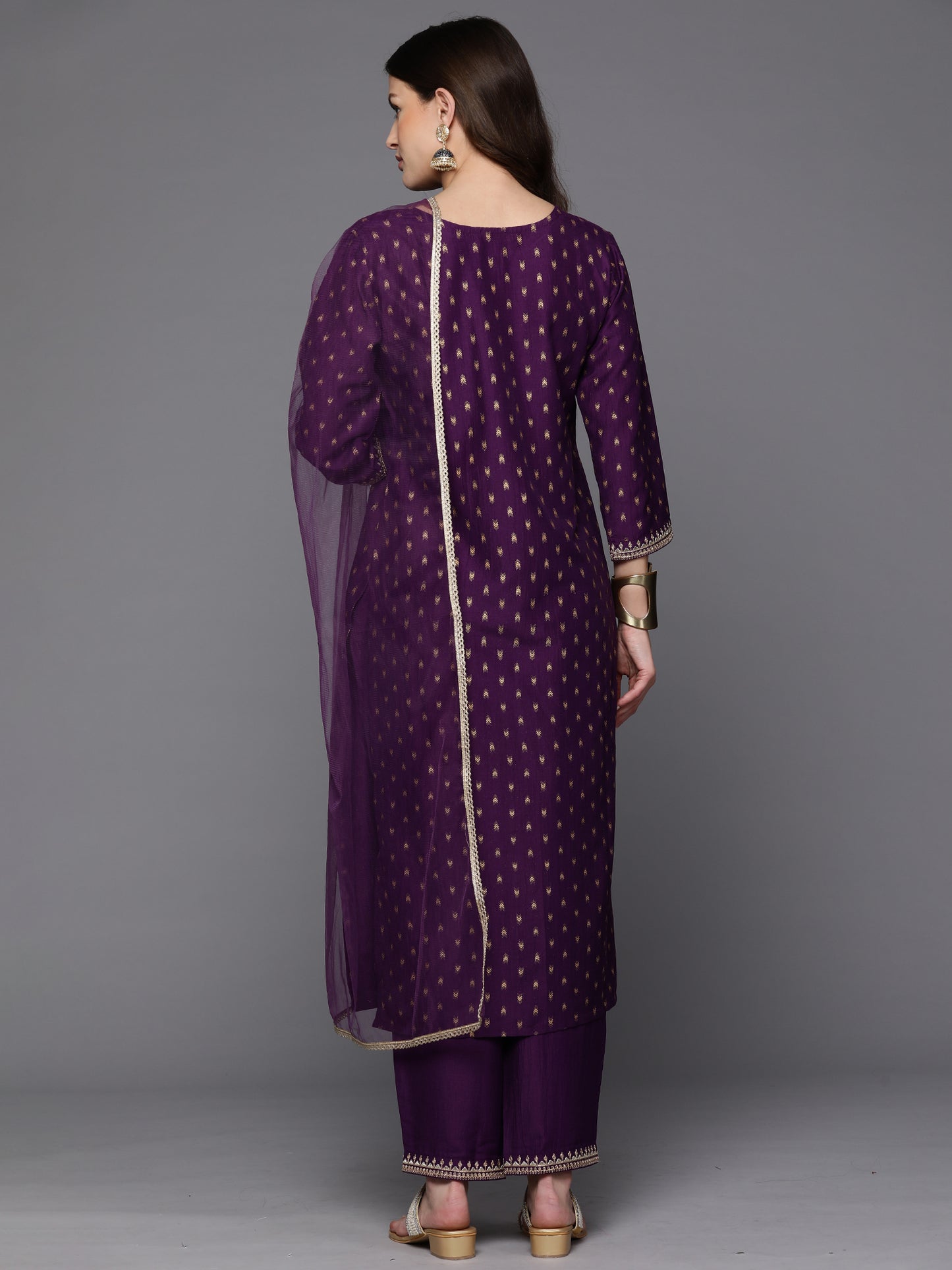 IE Purple Embroidered Straight Kurta Trousers With Dupatta Set