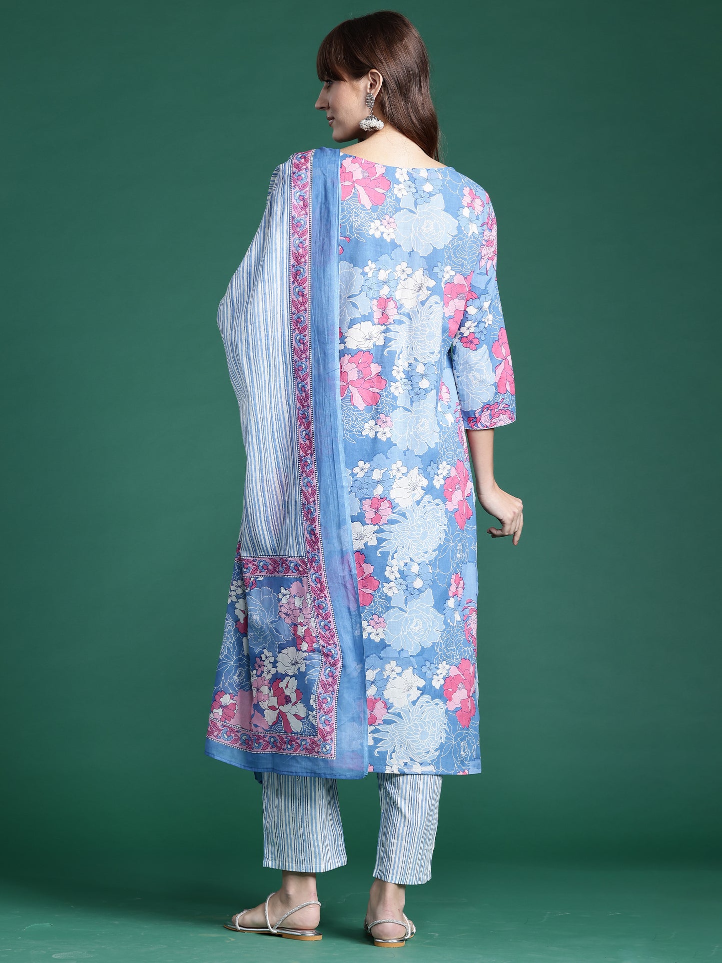 IE Blue Printed Straight Kurta Trousers With Dupatta set