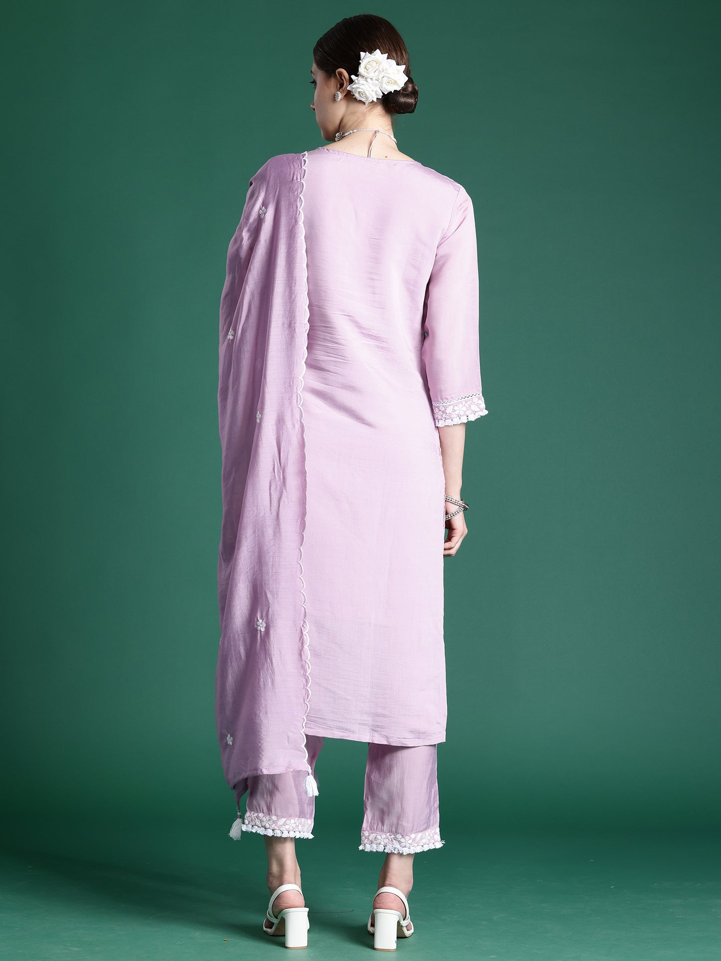 IE Lavender Embroidered Straight Kurta Trousers With Dupatta  Set