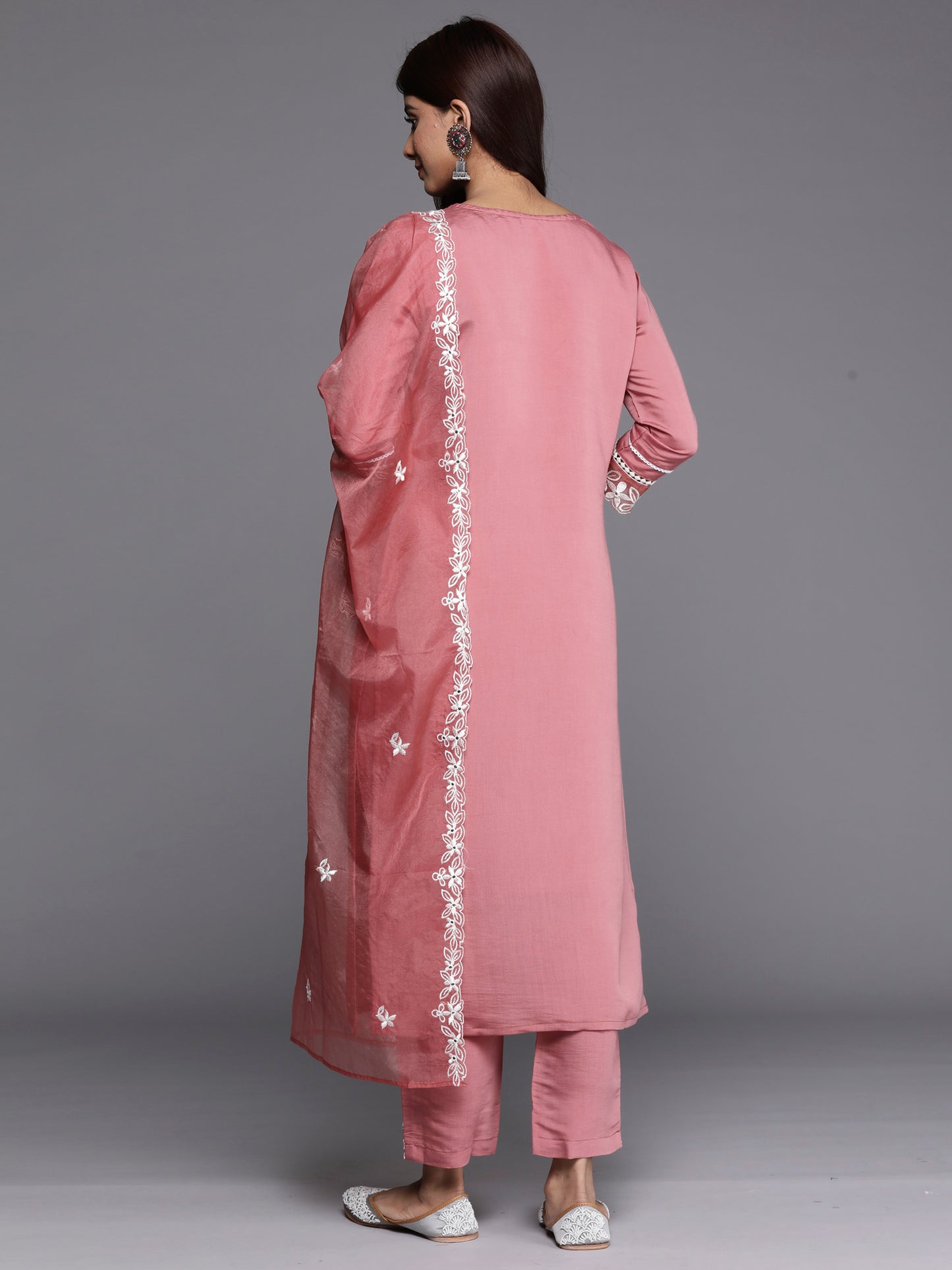 IE Rust Embroidered Straight Kurta Trousers With Dupatta set