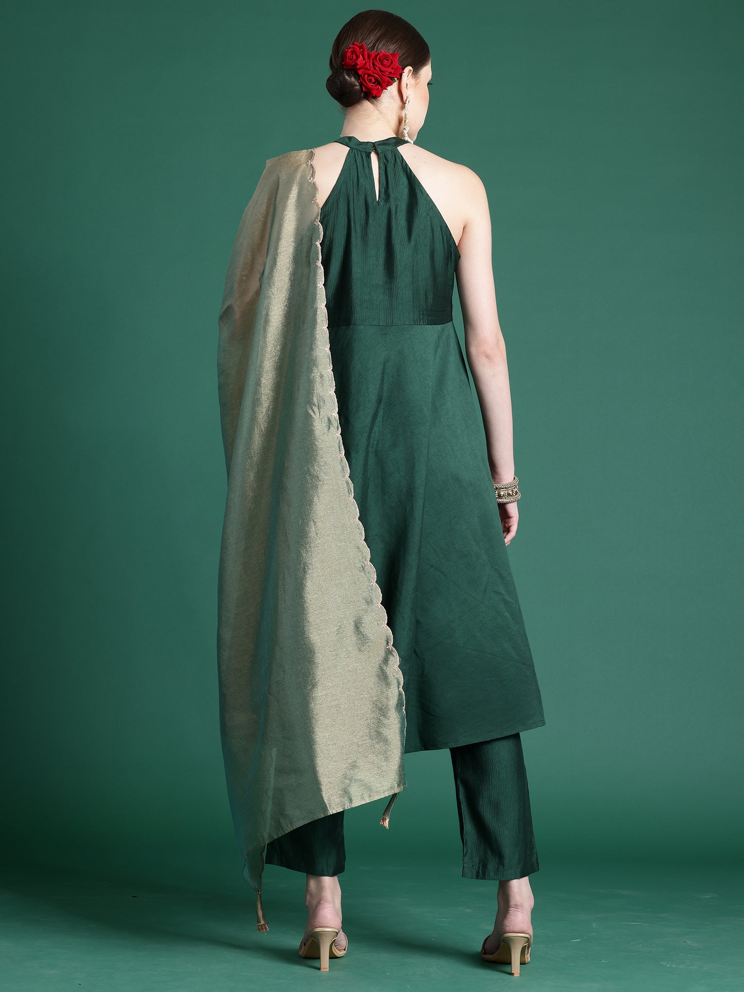 IE Green Solid A-Line Kurta Trousers With Dupatta set