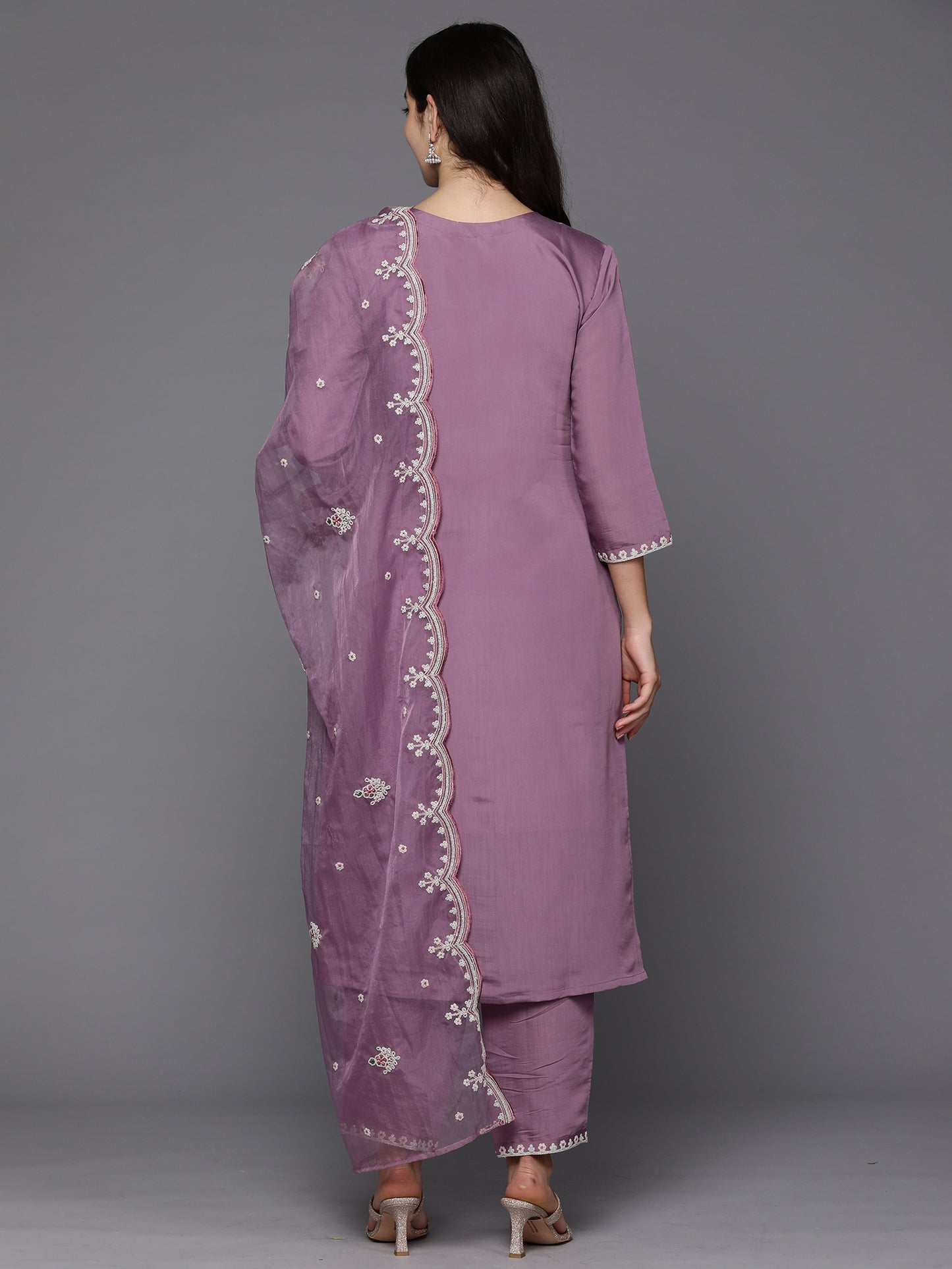 IE Lavender Embroidered Straight Kurta Trousers With Dupatta set