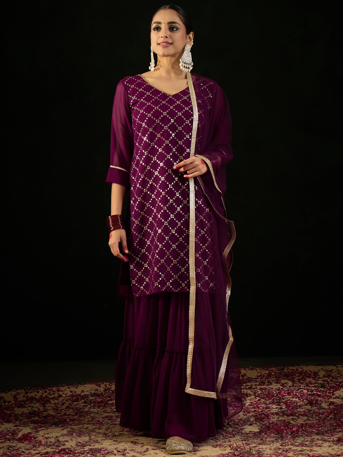 IE Burgundy Embroidered Straight Kurta Sharara With Dupatta set