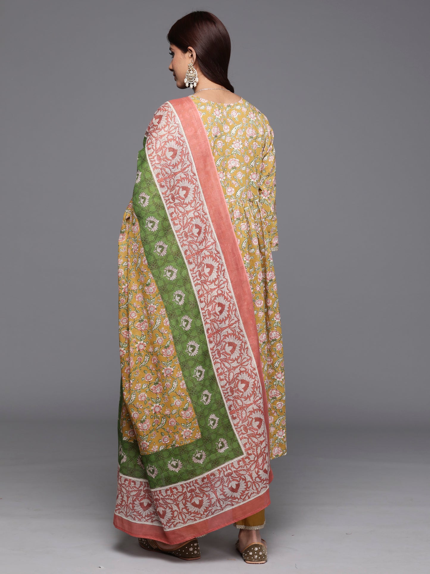 IE Green Printed A-Line Kurta Trousers With Dupatta Set