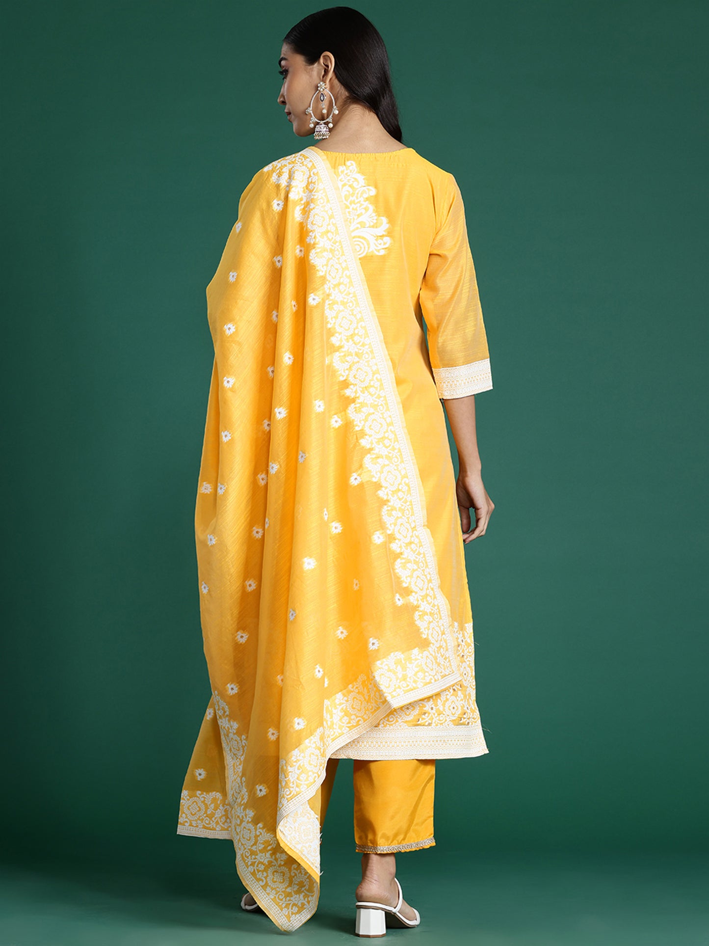 IE Yellow Woven Design Straight Kurta Trousers With Dupatta set