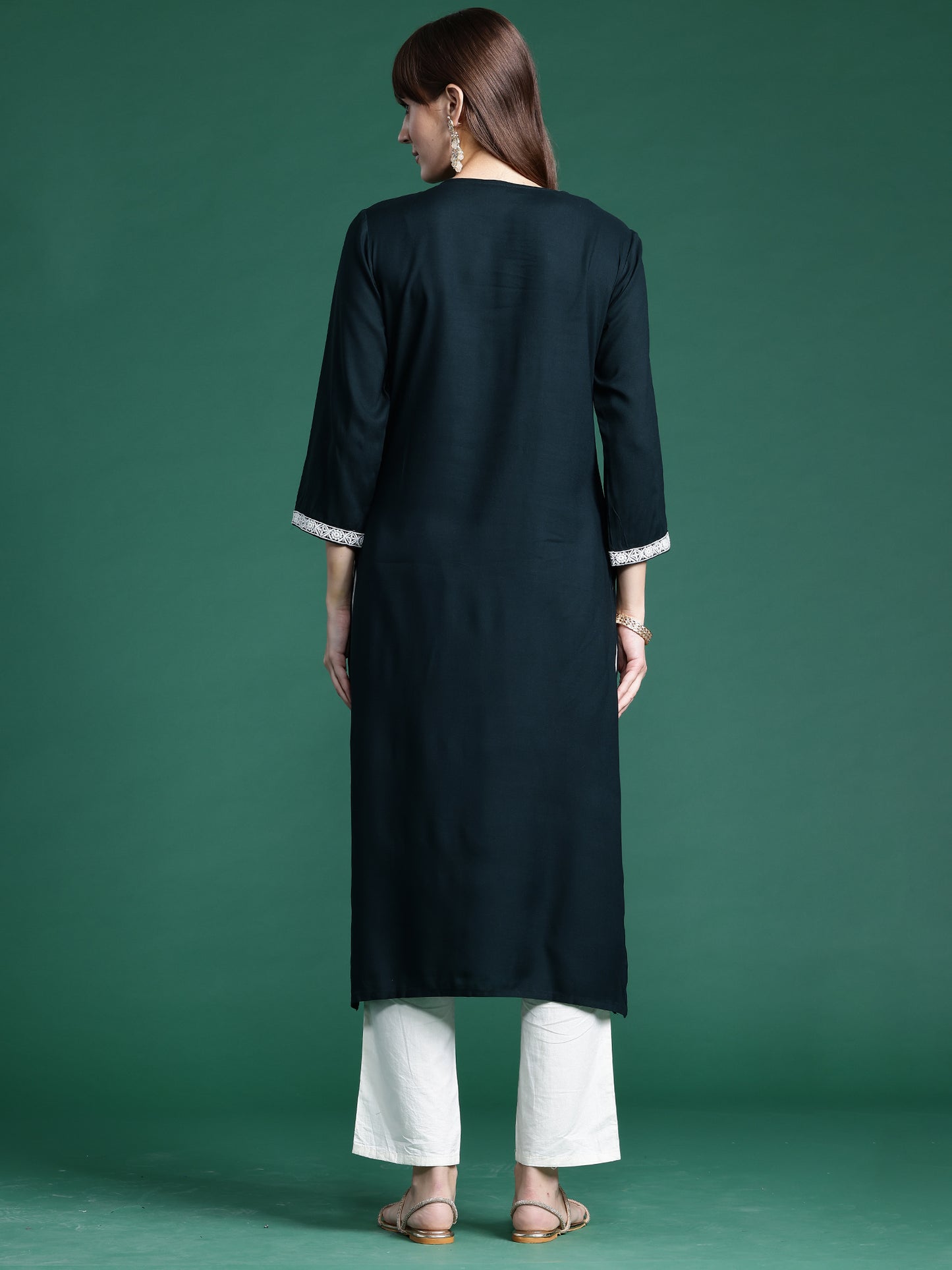 IE Green Embroidered Straight Kurtas