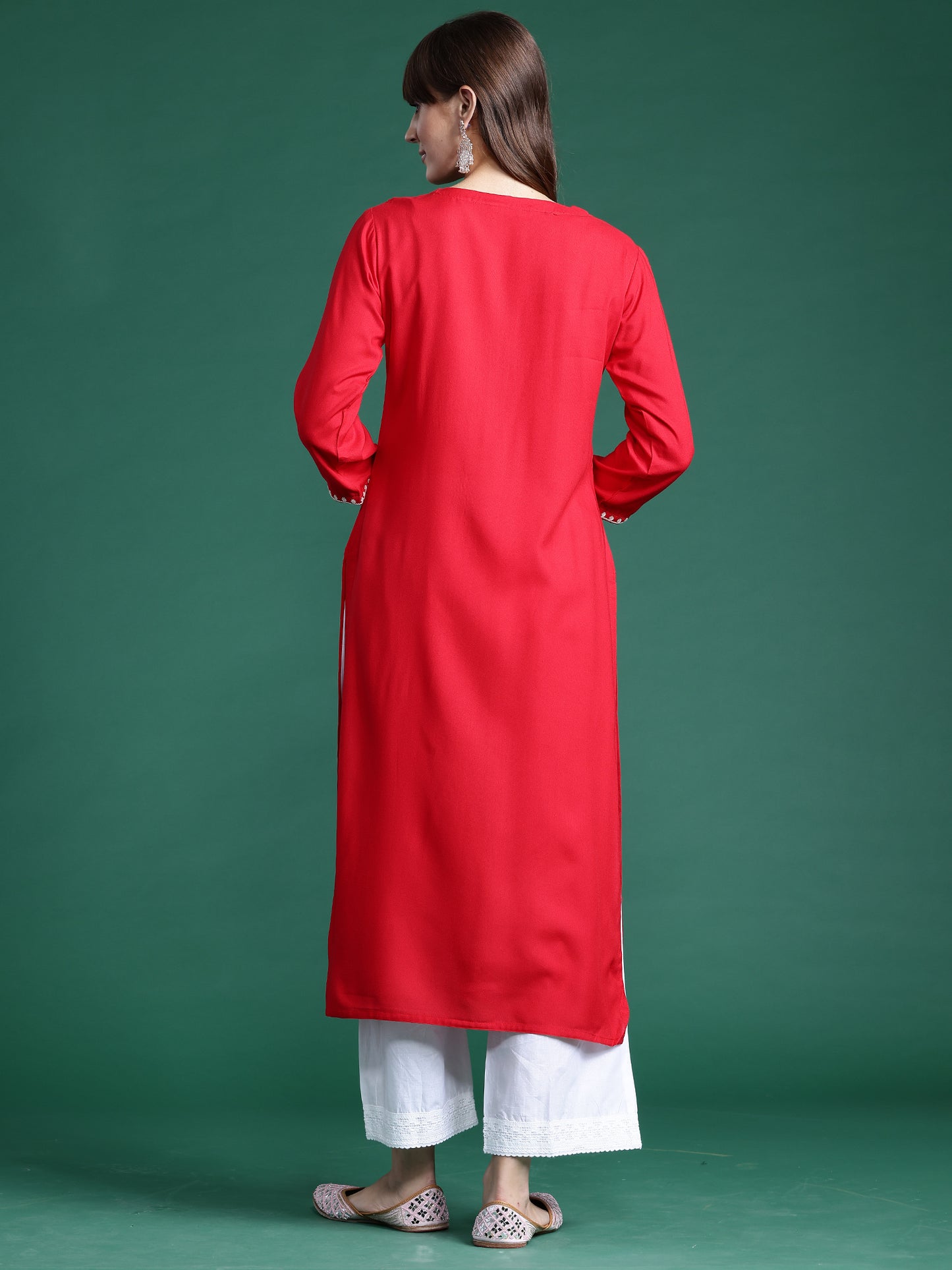 IE Red Embroidered Straight Kurtas