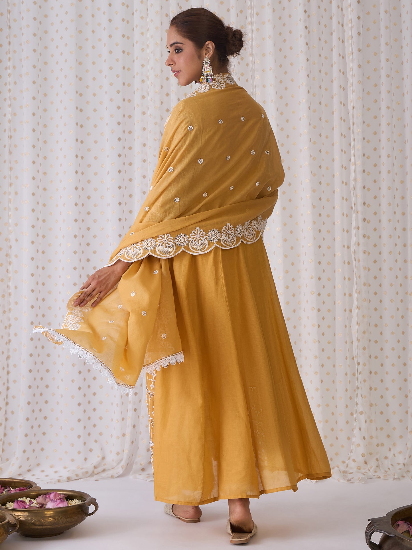 IE Yellow Embroidered A-Line Kurta Trousers With Dupatta set