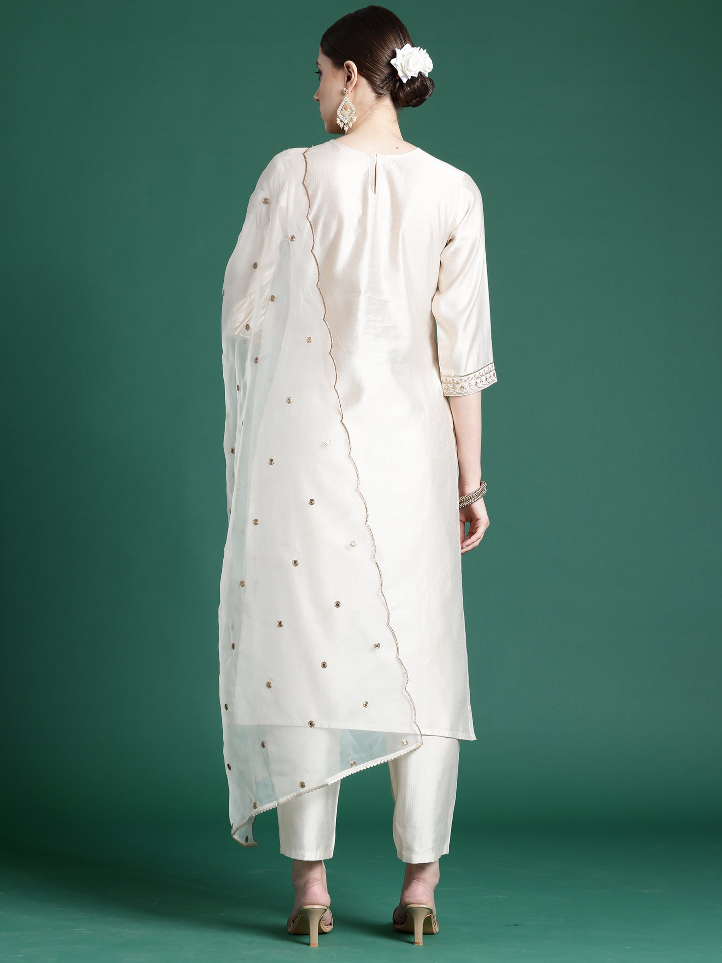 IE Off White Embroidered Straight Kurta Trousers With Dupatta set