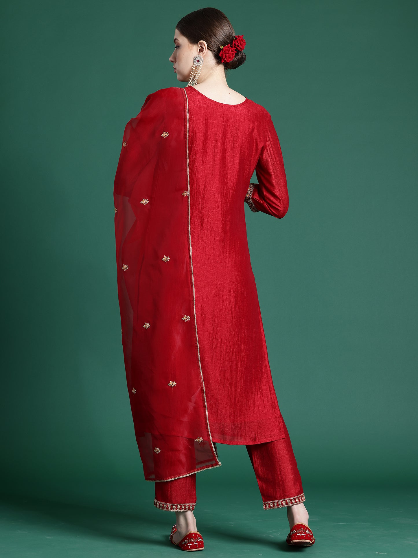 IE Red Embroidered Straight Kurta Palazzos With Dupatta set