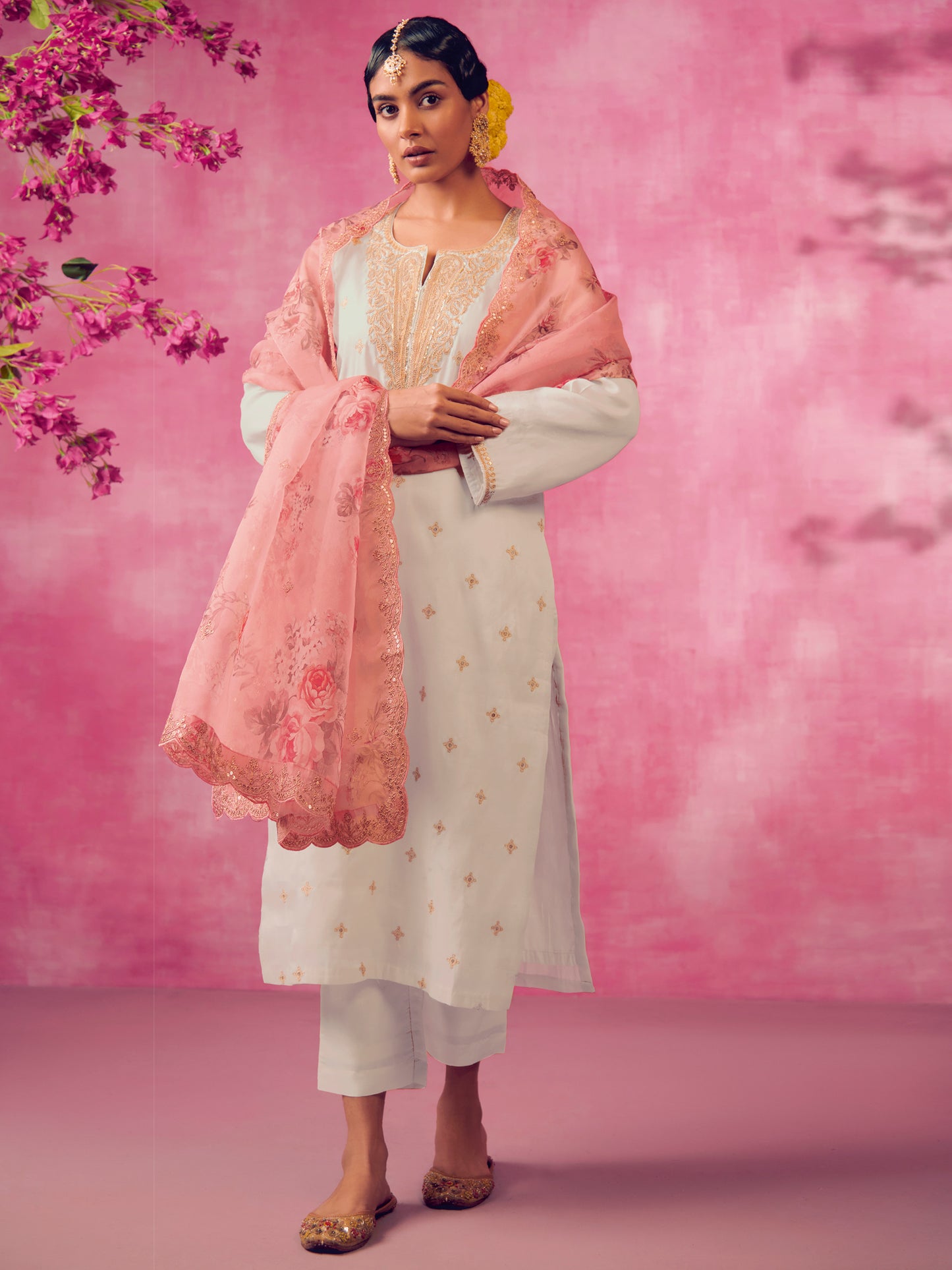 IE Cream Embroidered Straight Kurta Trousers With Dupatta set