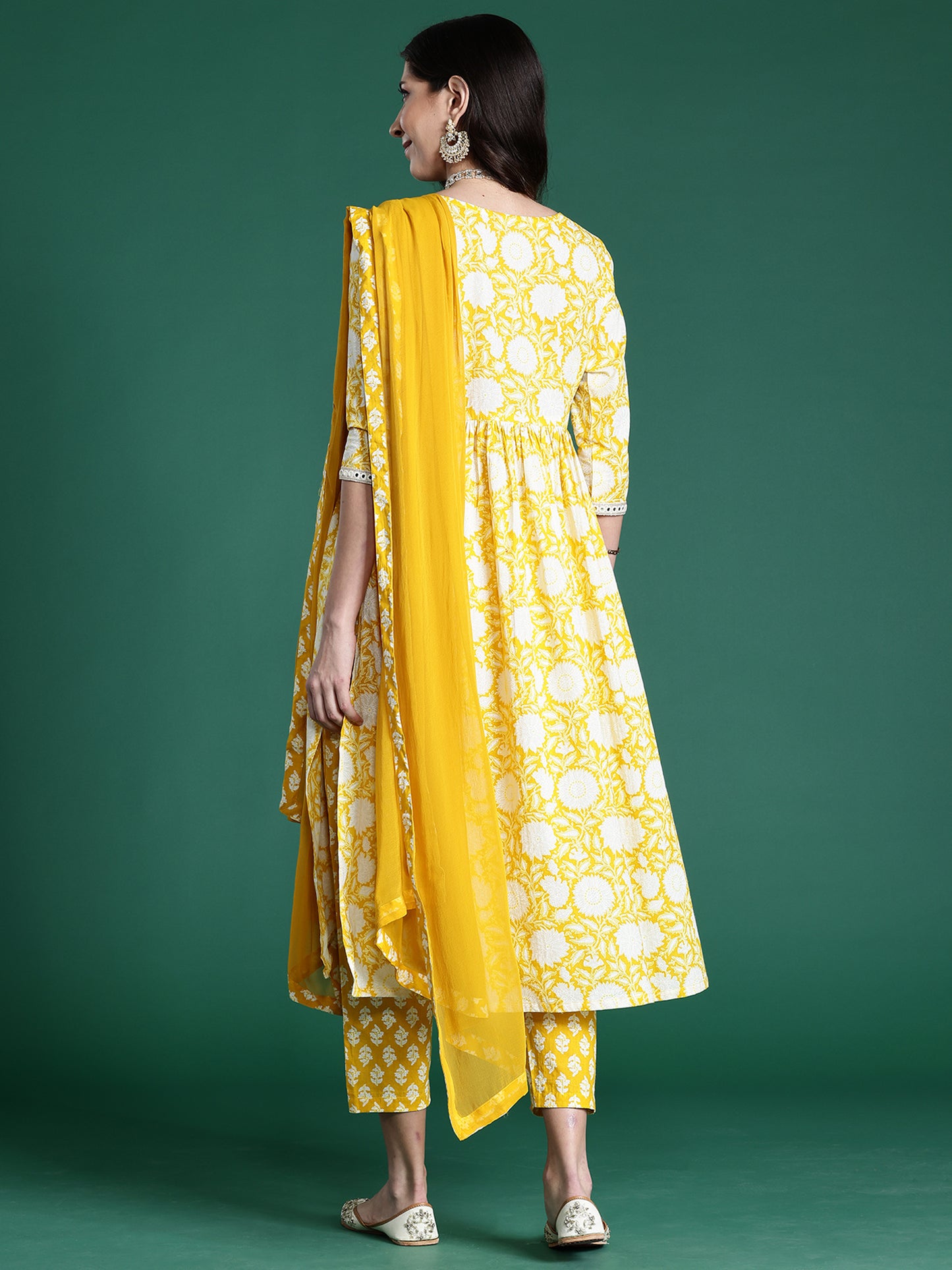 IE Yellow Printed A-Line Kurta Trousers With Dupatta set