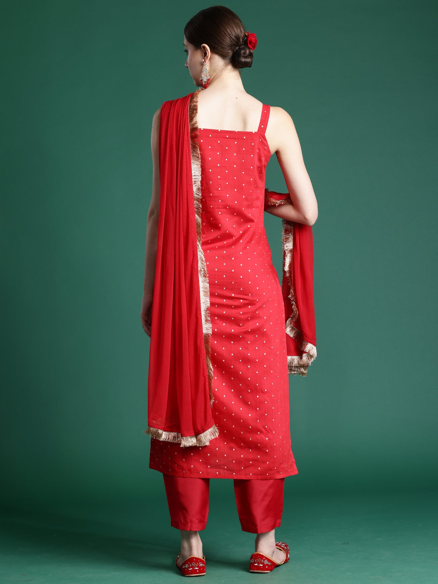 IE Red Woven Design Straight Kurta Trousers With Dupatta set