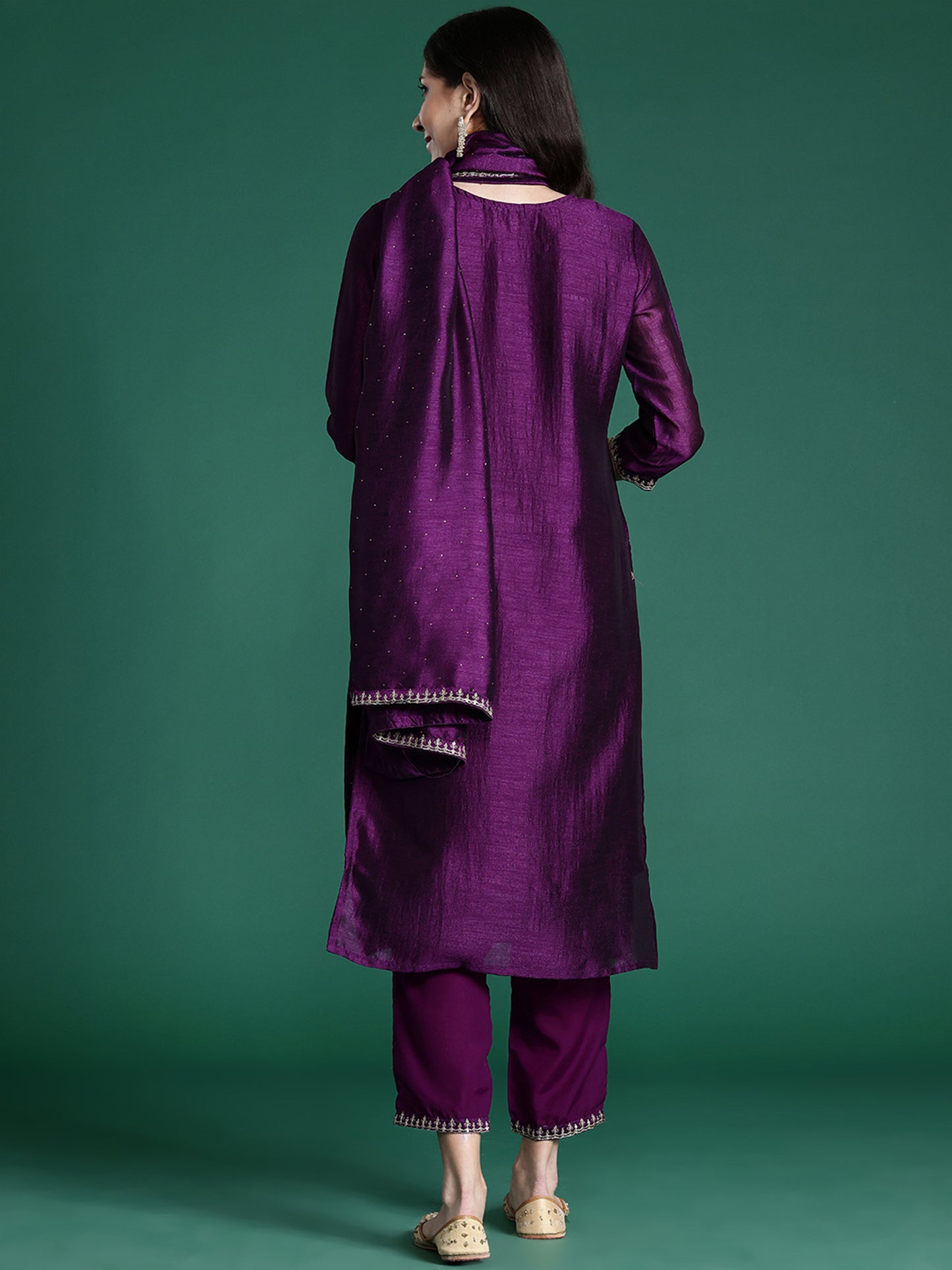 IE Purple Embroidered Straight Kurta Trousers With Dupatta set