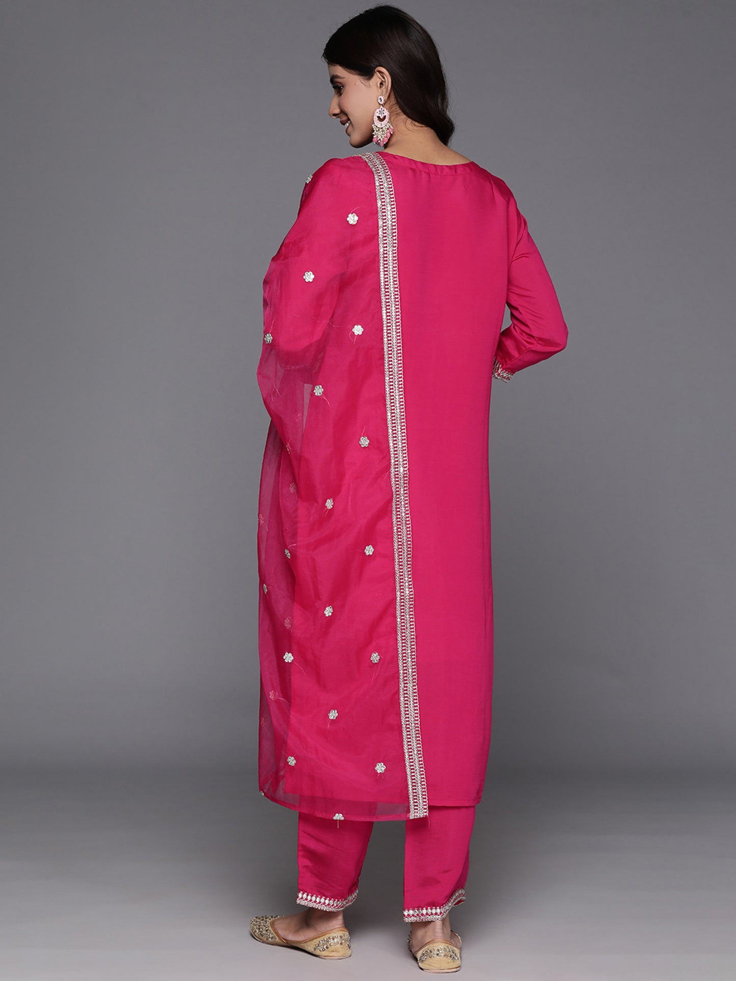 IE Pink Embroidered Straight Kurta Trousers With Dupatta Set