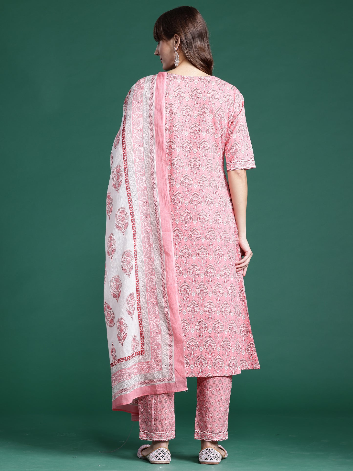 IE Pink Printed A-Line Kurta Trousers With Dupatta set