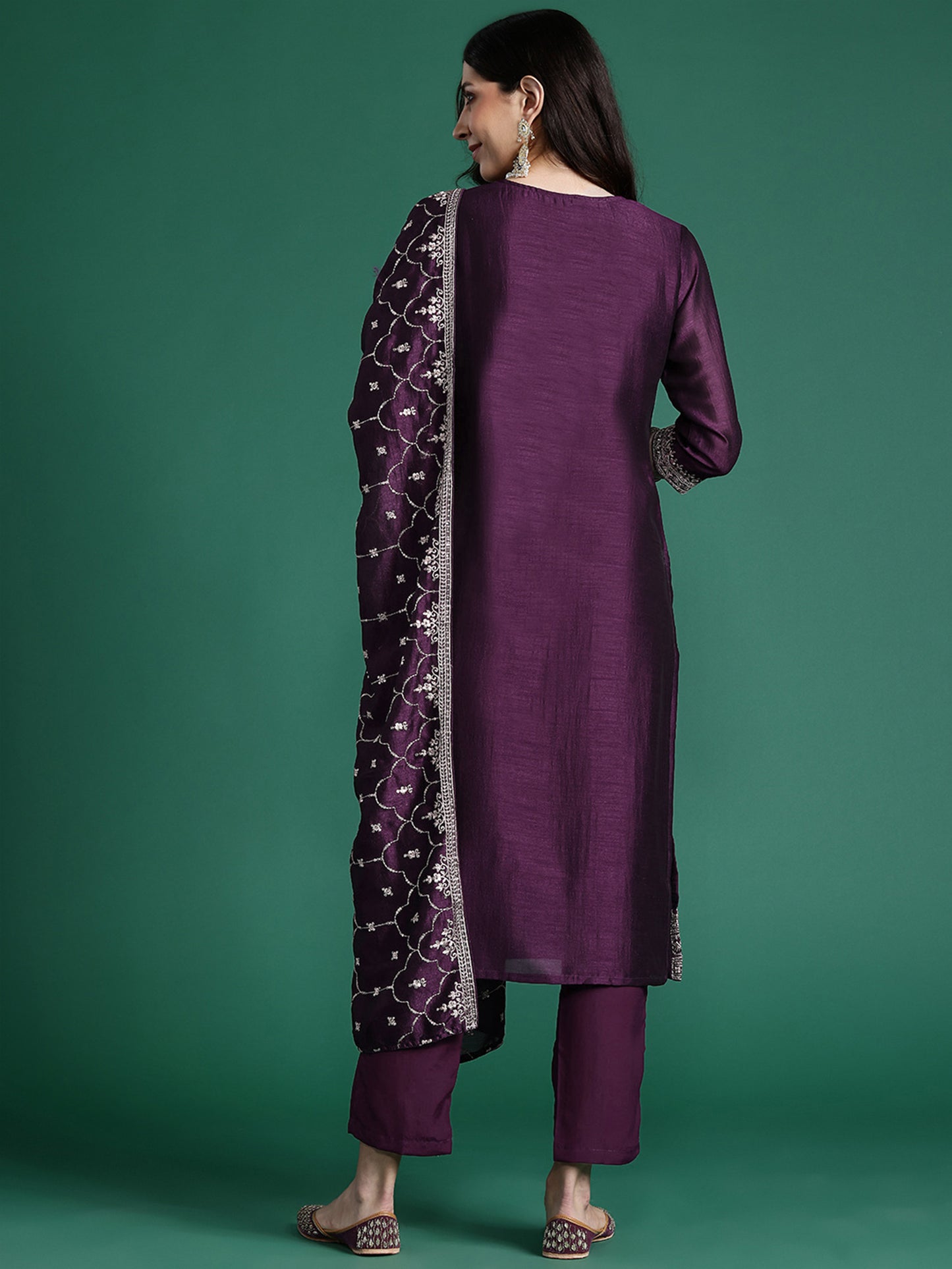 IE Purple Embroidered Straight Kurta Trousers With Dupatta set