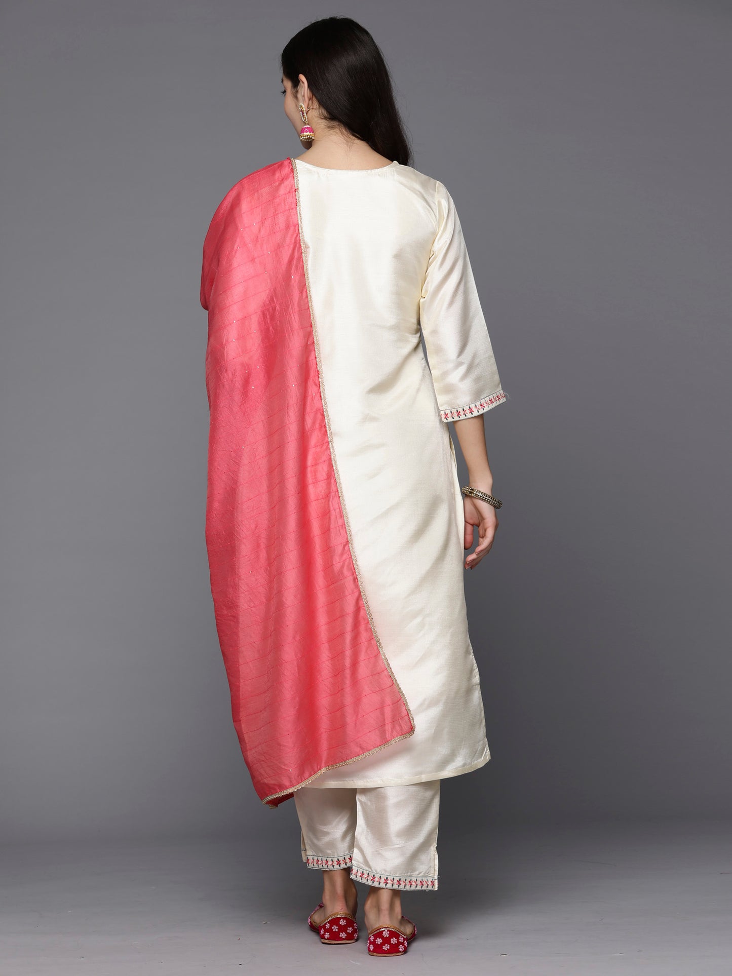 IE Cream Embroidered Straight Kurta Trousers With Dupatta Set