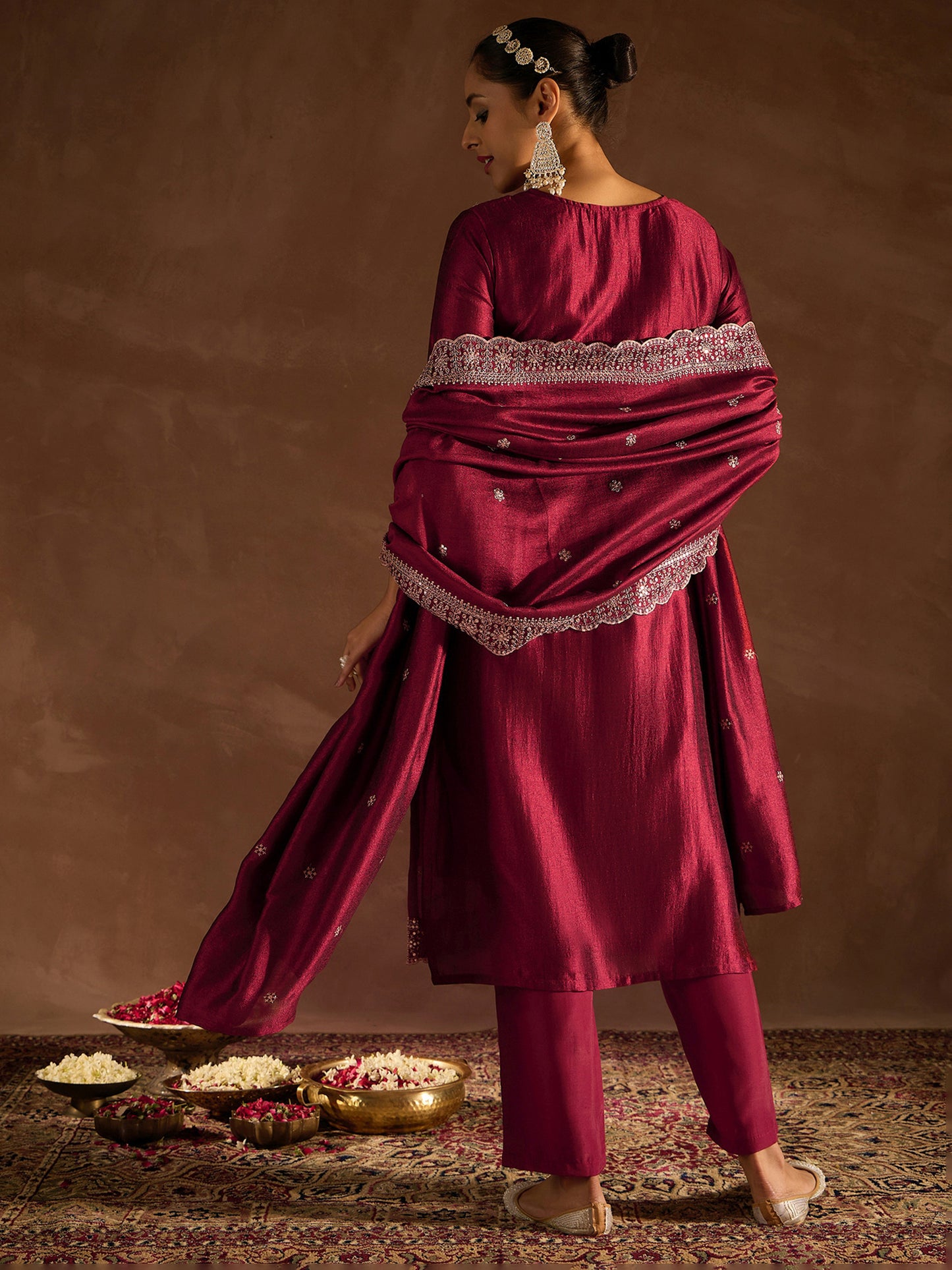 IE Maroon Embroidered Straight Kurta Trousers With Dupatta set