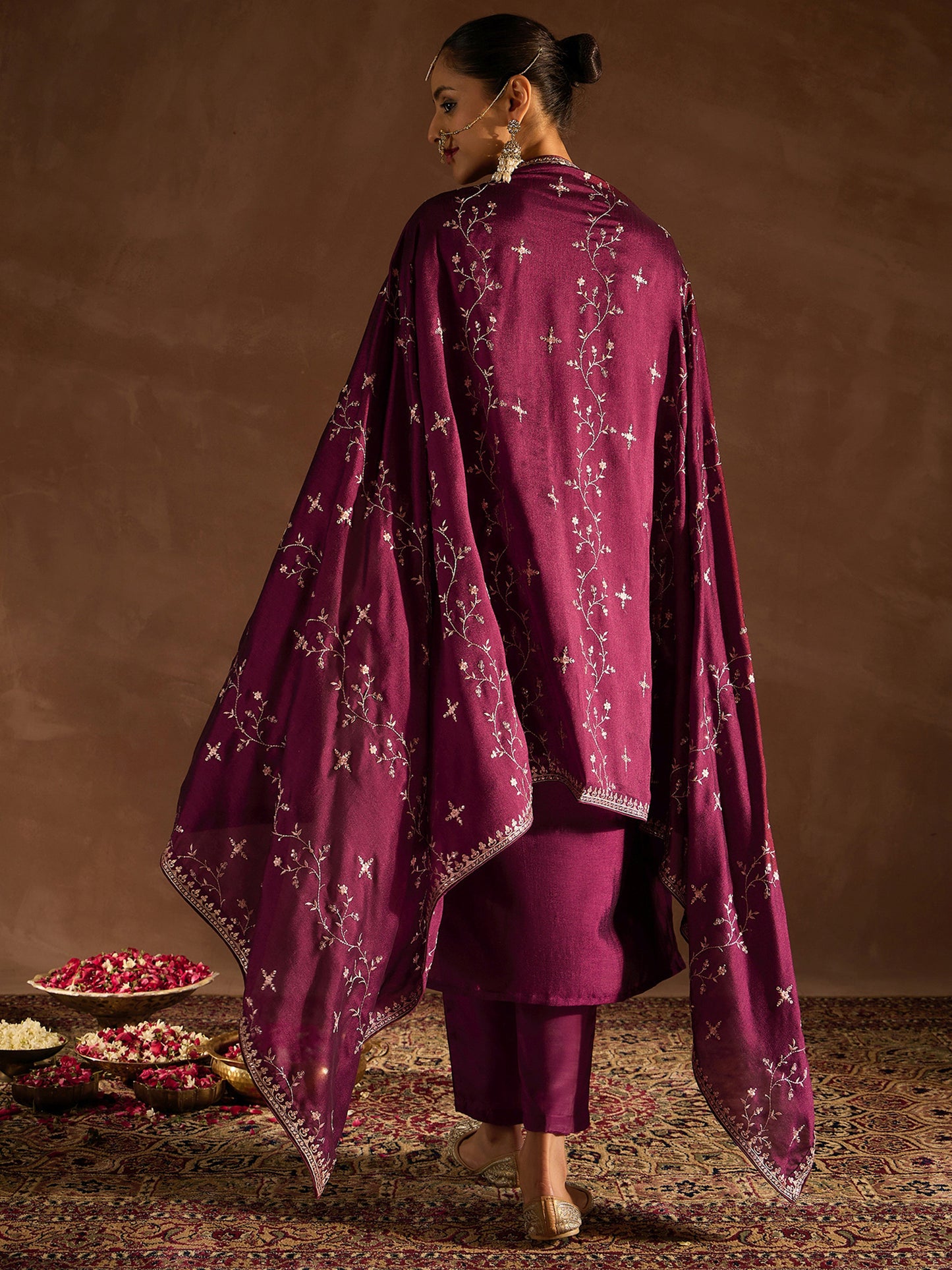 IE Burgundy Embroidered Straight Kurta Trousers With Dupatta set