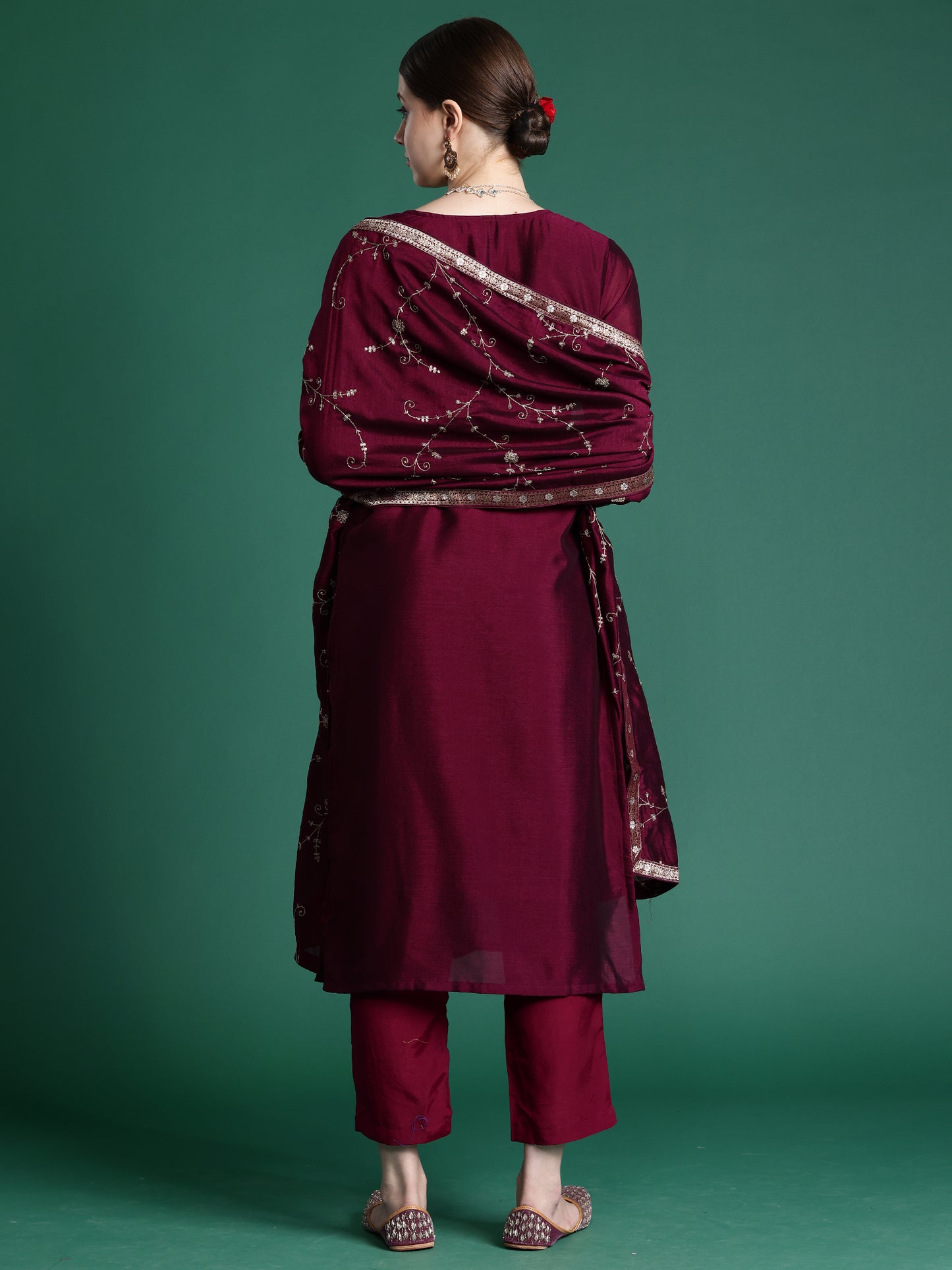 IE Burgundy Embroidered Straight Kurta Trousers With Dupatta set