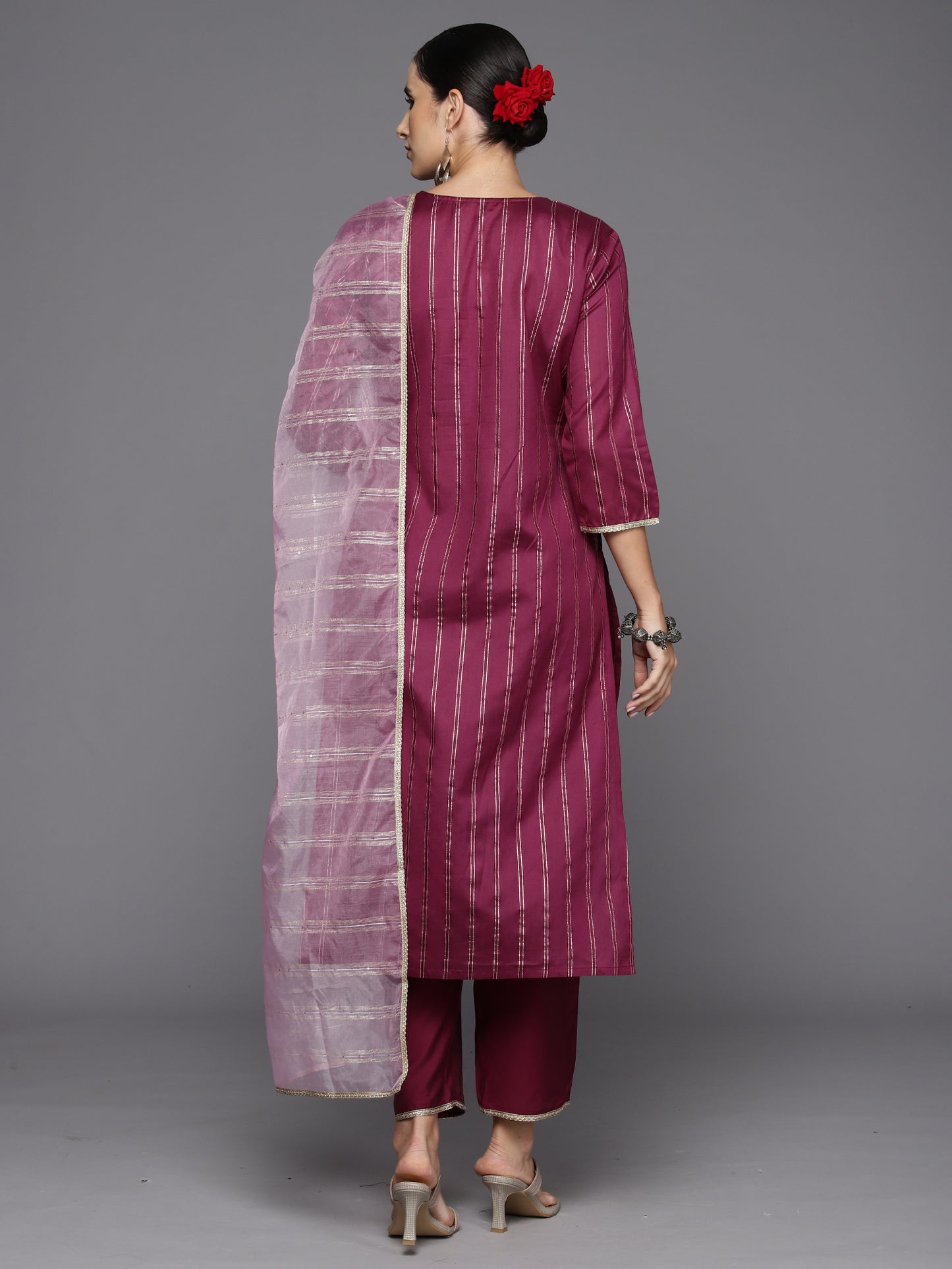 IE Burgundy Embroidered Straight Kurta Trousers With Dupatta Set