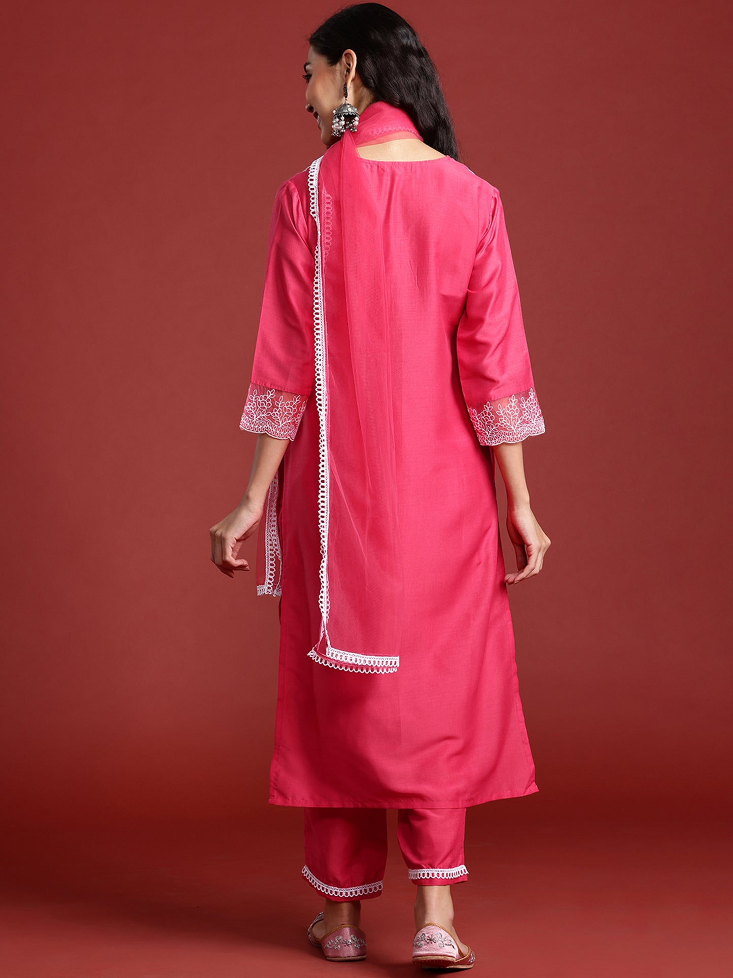 IE Pink Embroidered Straight Kurta Trousers With Dupatta set