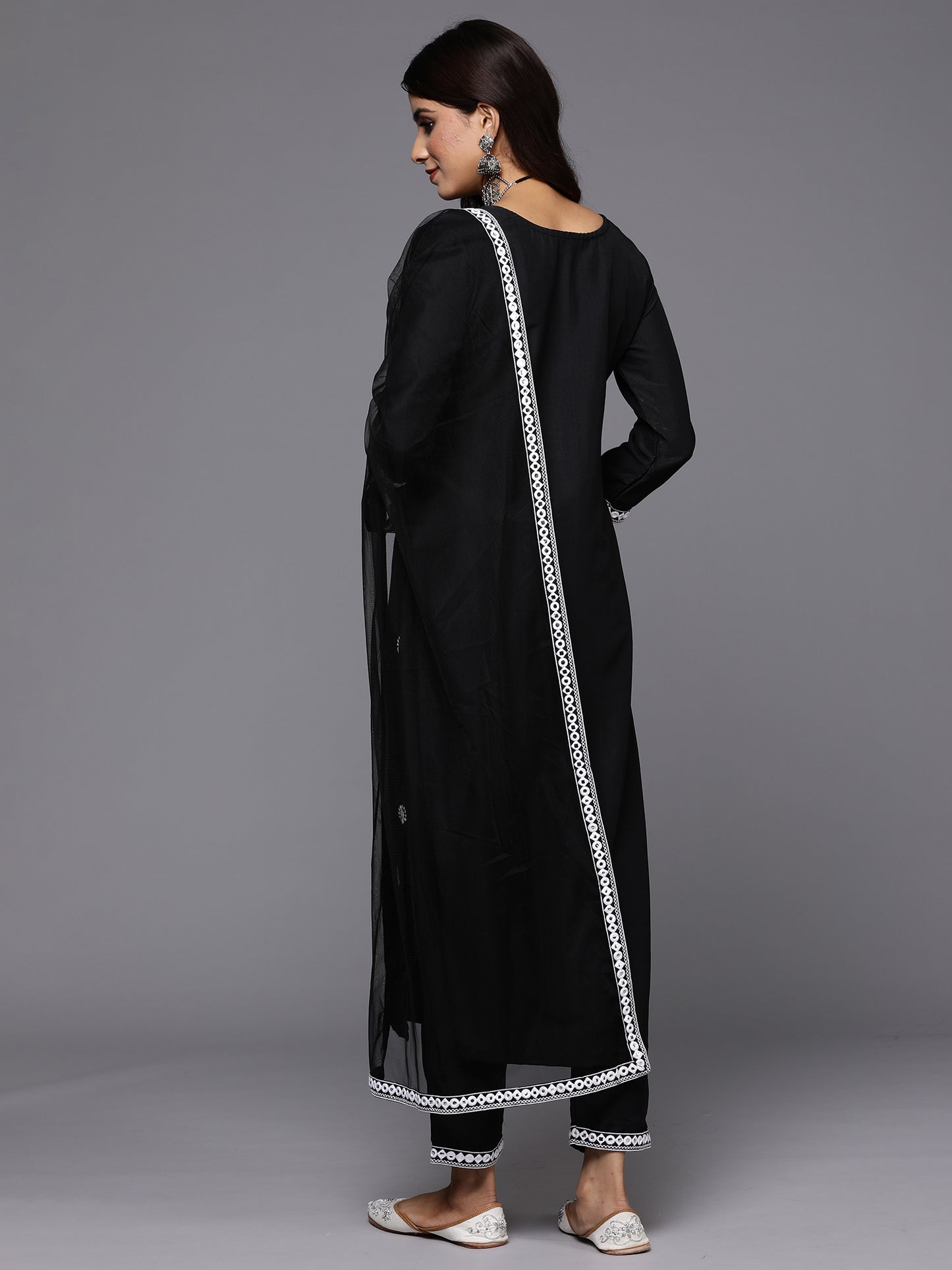 IE Black Embroidered Straight Kurta Trousers With Dupatta Set