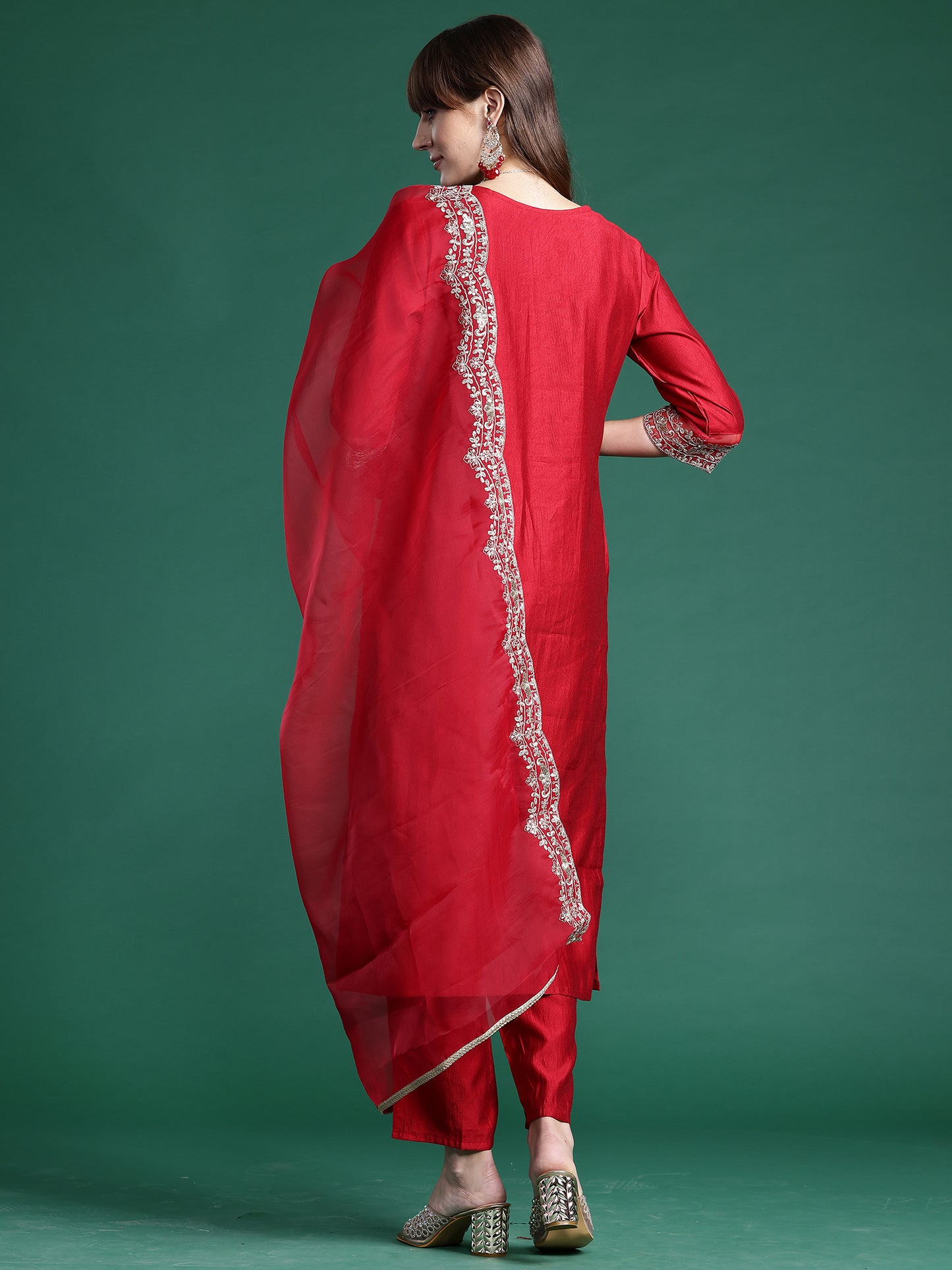 IE Red Embroidered Straight Kurta Trousers With Dupatta  Set