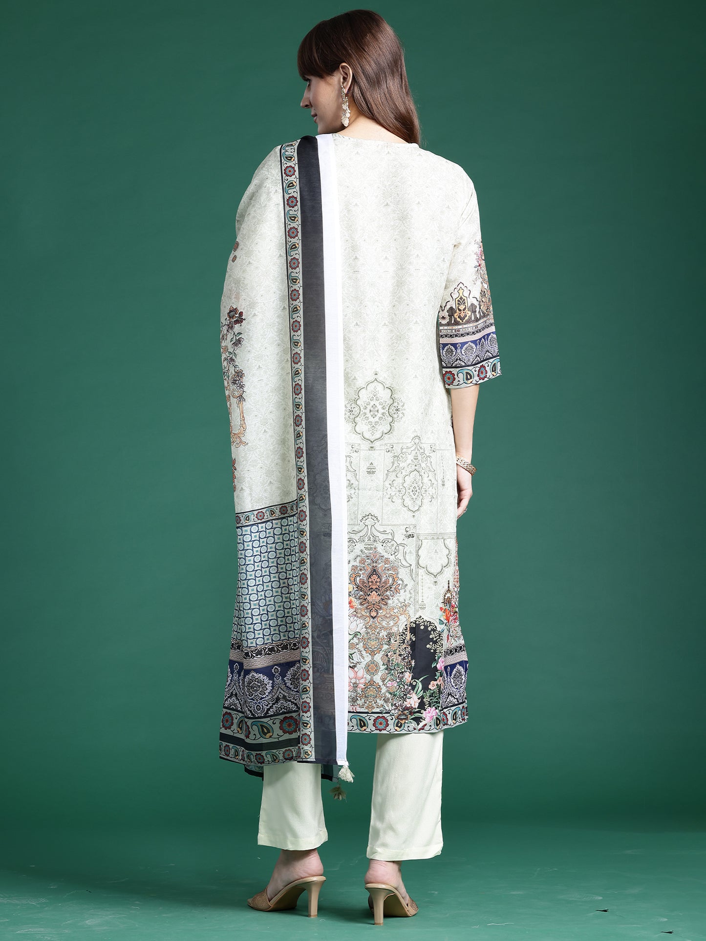 IE Green Printed Straight Kurta Trousers With Dupatta set