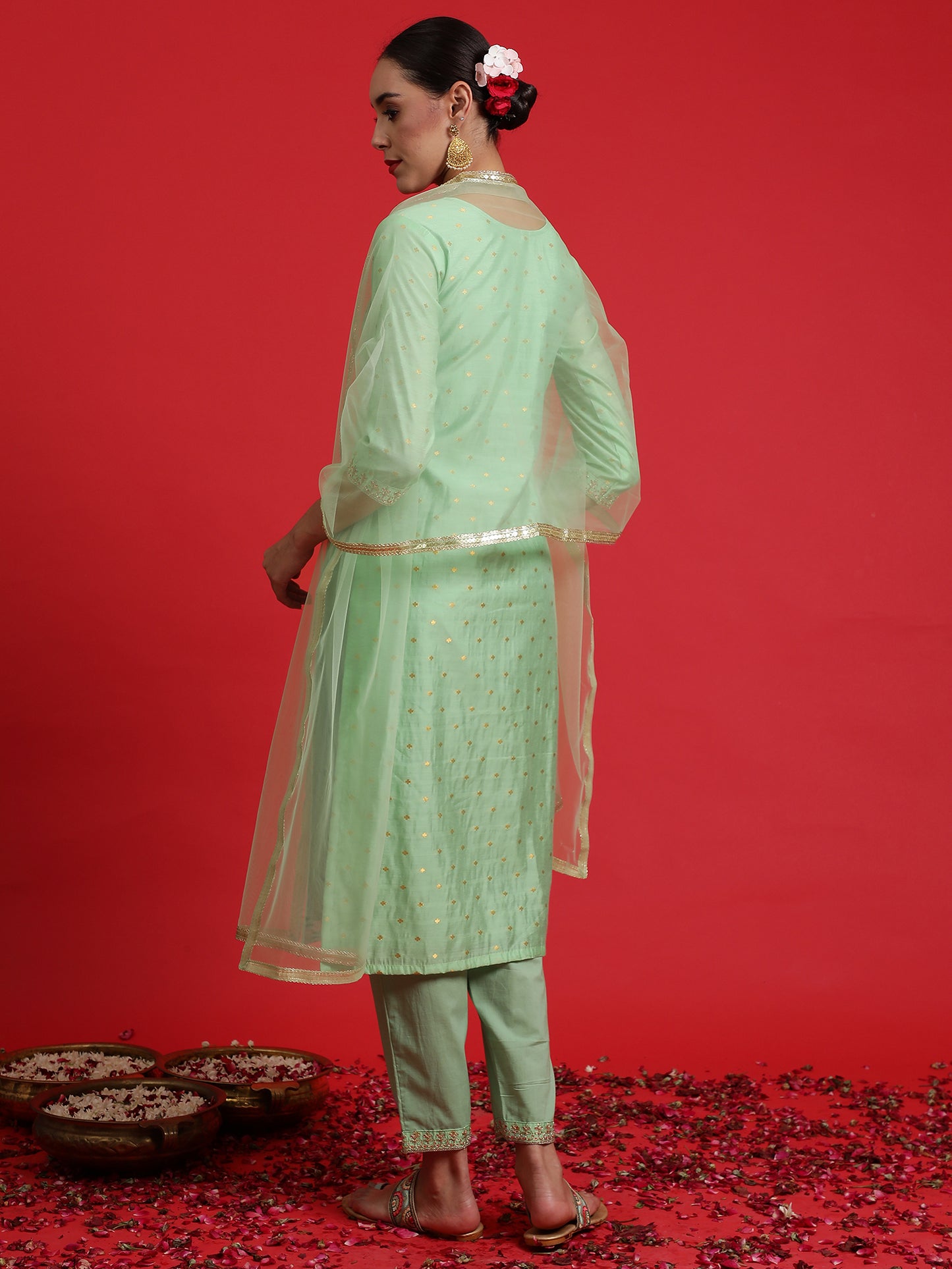 IE Green Embroidered Straight Kurta Trousers With Dupatta Set