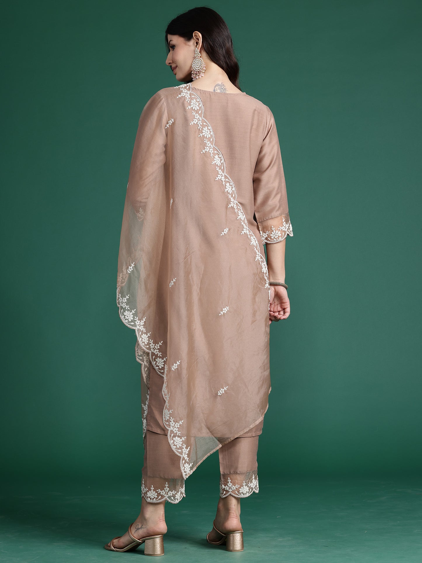 IE Brown Embroidered Straight Kurta Trousers With Dupatta set