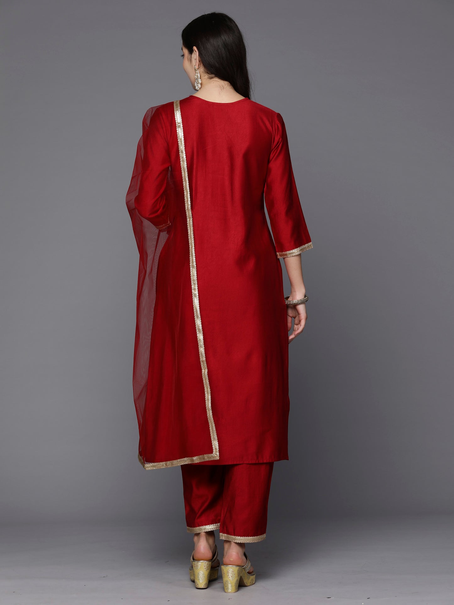 IE Red Embroidered Straight Kurta Trousers With Dupatta Set