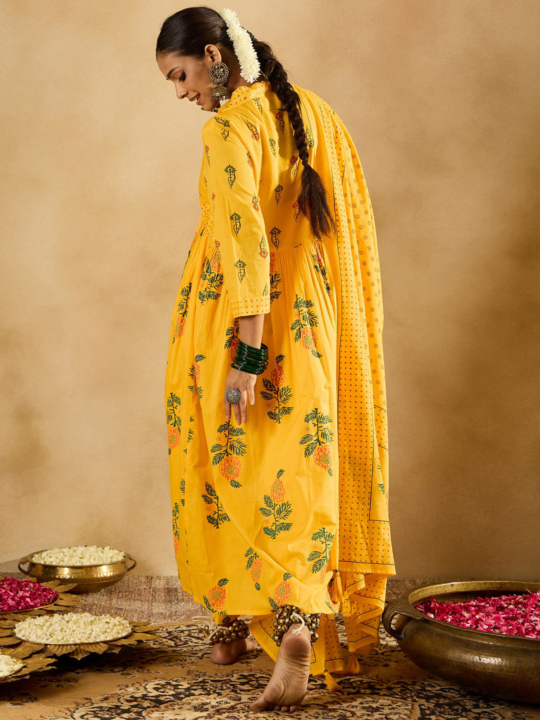 IE Yellow Printed A-Line Kurta Trousers With Dupatta set